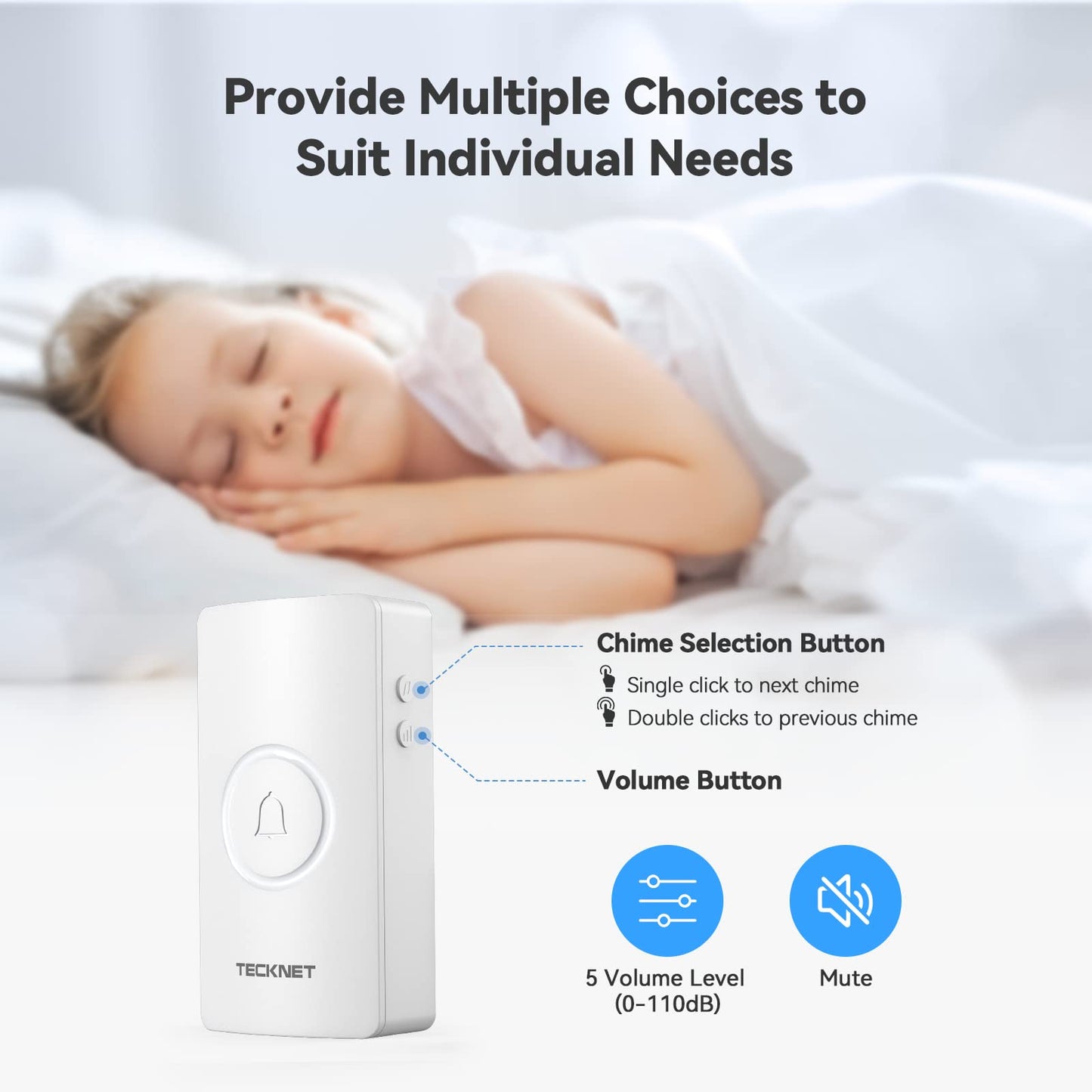 TECKNET Wireless Doorbell – Waterproof, Battery-Operated Cordless Chime Kit with 400M Range, 5 Volume Levels & 60 Chimes