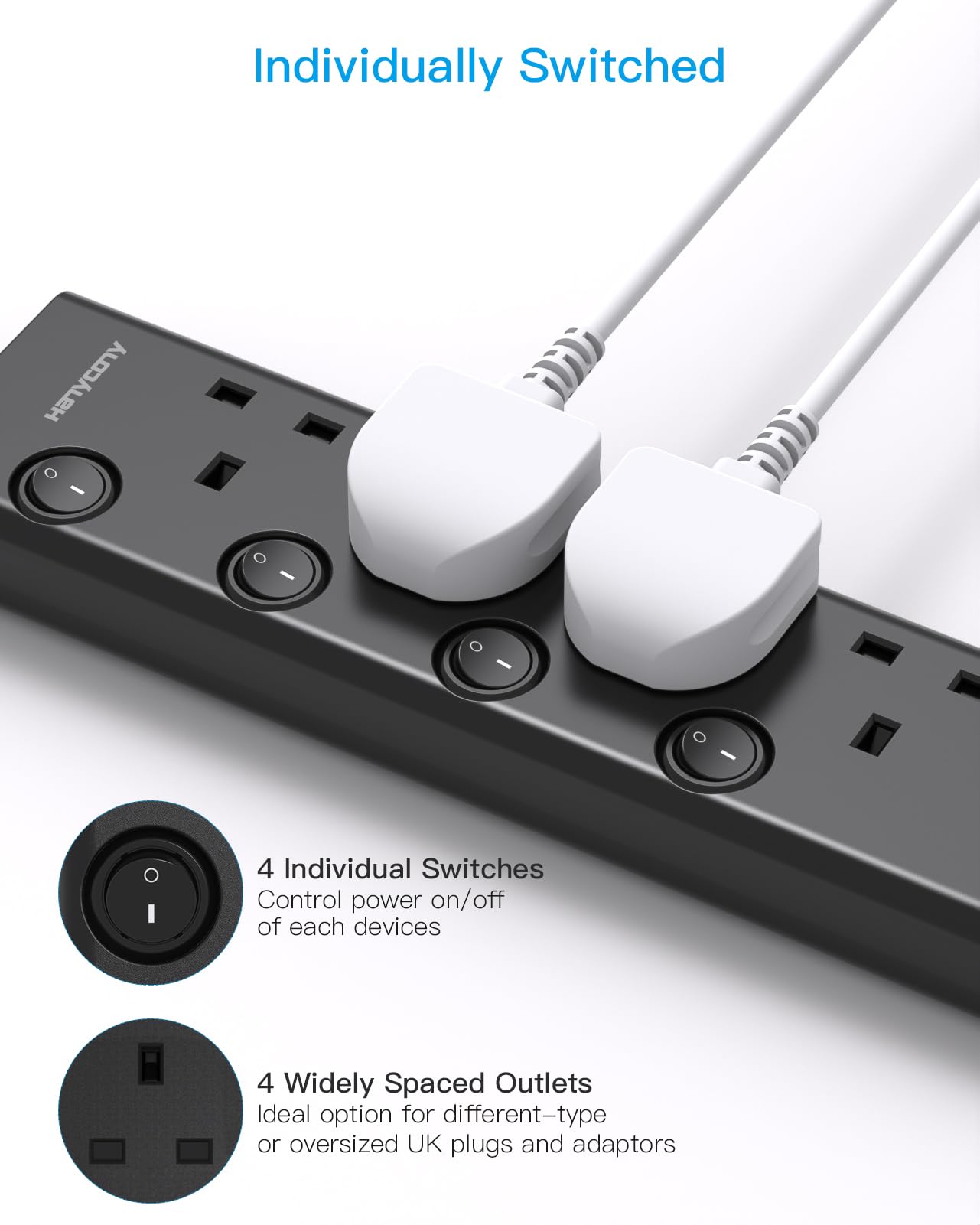 Extension Lead with 4 USB Slots(2 USB C), 4 Way Plug Extension Socket with Individual Switches, 1.8M Extension Cable, Wall Mount Extension Cord