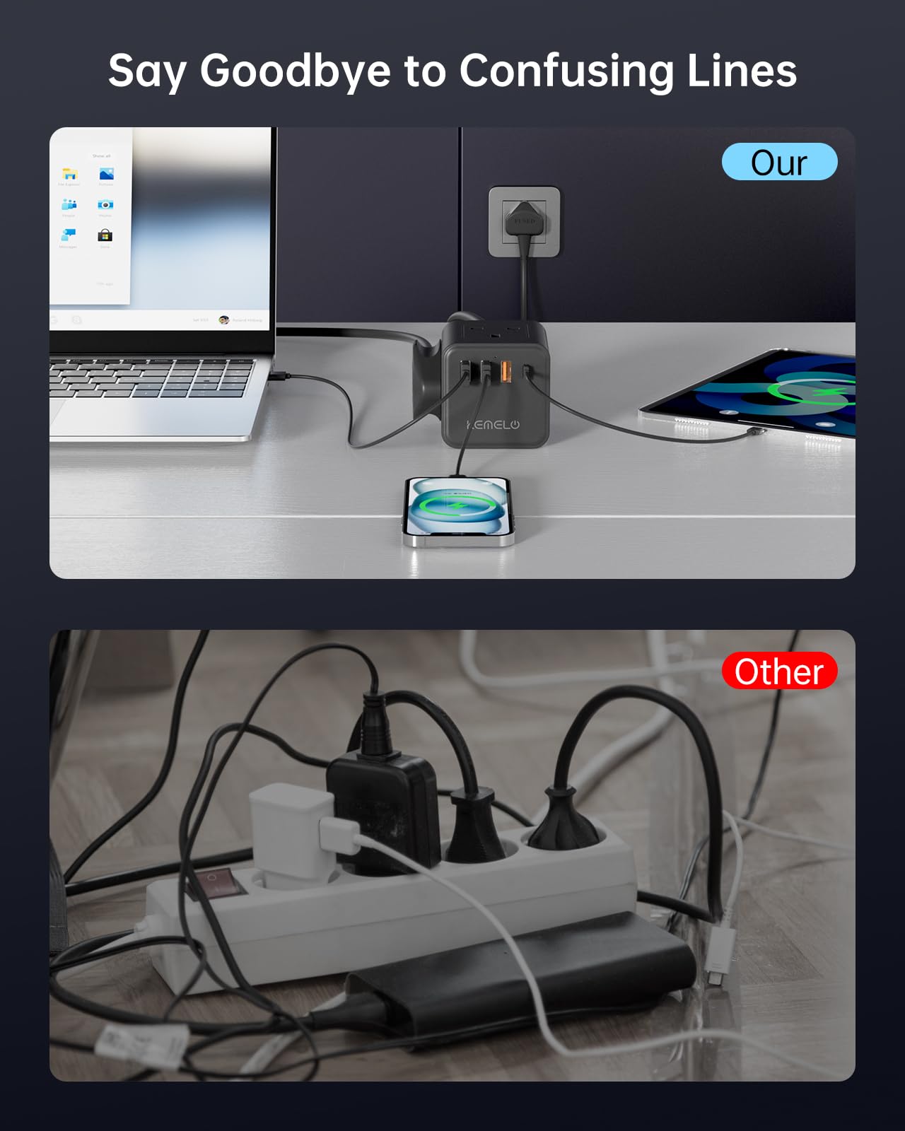 Kemelo Cube Extension Lead with 4 USB Ports – 4-Way 13A/3250W Power Strip with Child Safety, 1.5M Cable, UK Desktop Multi Plug Socket