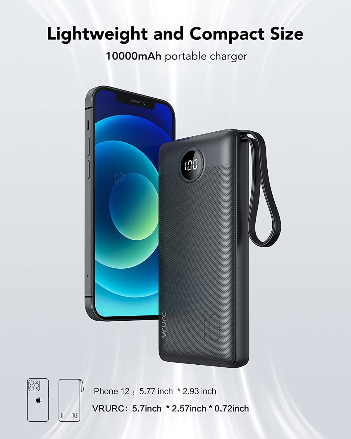 Power Bank With Built in Cables VRURC 10000mAh ,USB C Battery Pack Portable Charger with 5 Outputs 2 Inputs Powerbank LED Display compatible with iPhone 14 13 12 Samsung S21 S20 Xiaomi iPad