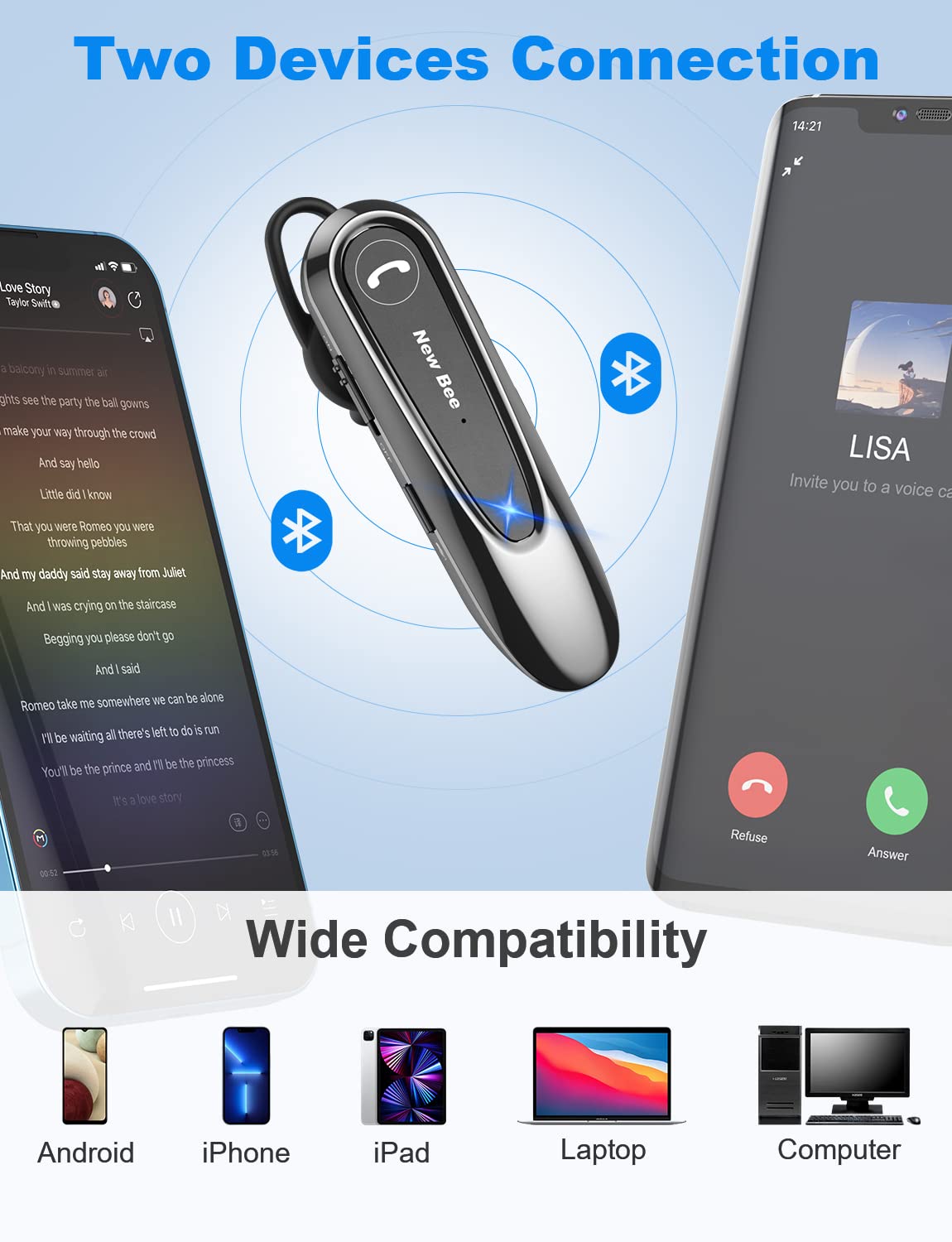 New bee Bluetooth Headsets with Dual Mic V5.0 Handsfree Bluetooth Earpiece with 25 Hrs Talking Time Mic Mute Two Device Connection for iPhone, Android and Laptop