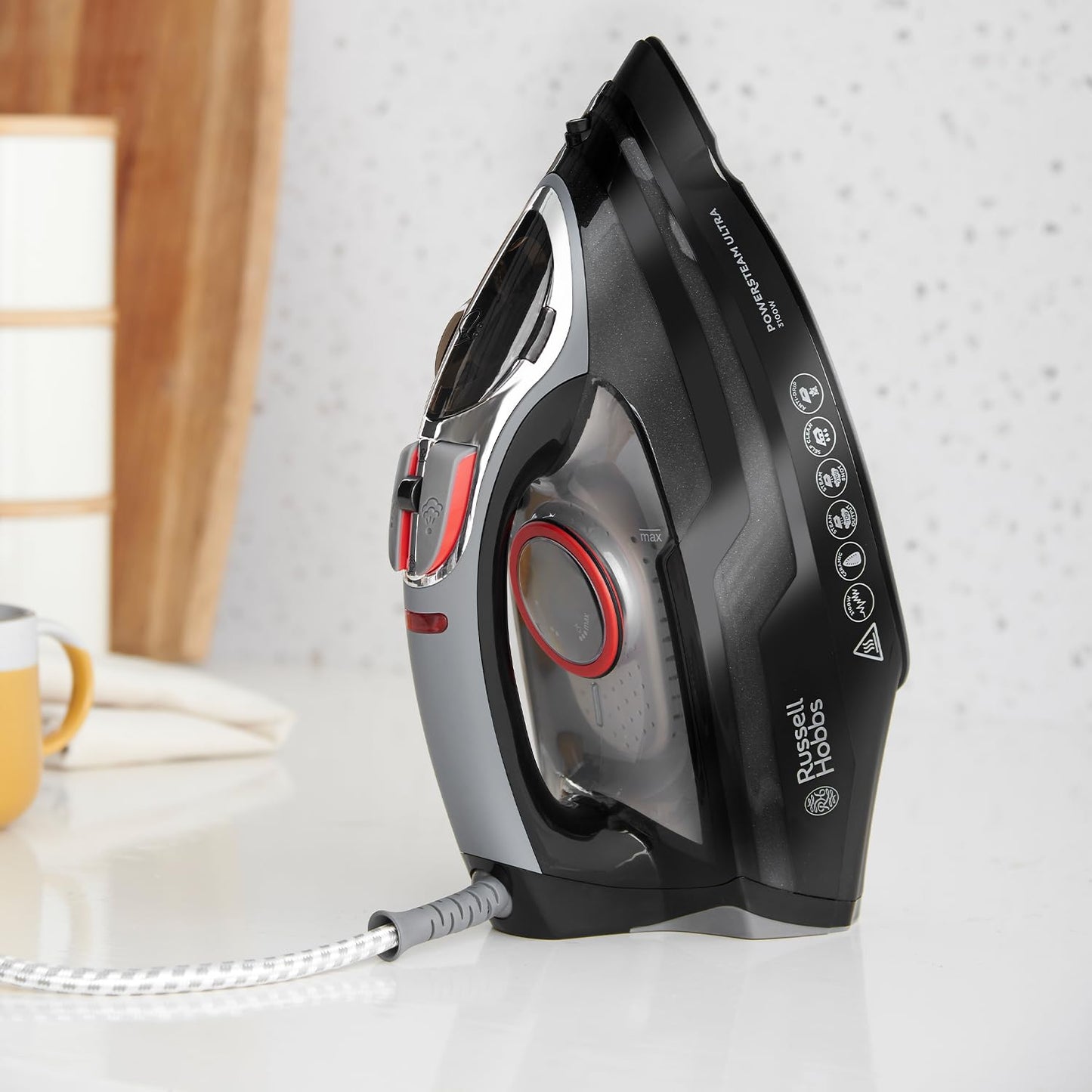 Russell Hobbs Power Steam Ultra Iron, Ceramic Non-stick soleplate, 210gm Steam Shot, 70gm Continuous steam, 350ml Water Tank, Self-clean, Anti-calc & Anti-drip function