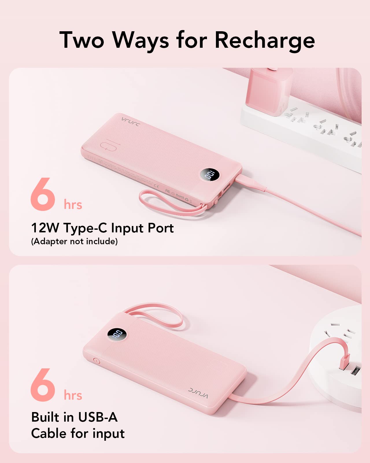 Power Bank With Built in Cables VRURC 10000mAh ,USB C Battery Pack Portable Charger with 5 Outputs 2 Inputs Powerbank LED Display compatible with iPhone 14 13 12 Samsung S21 S20 Xiaomi iPad