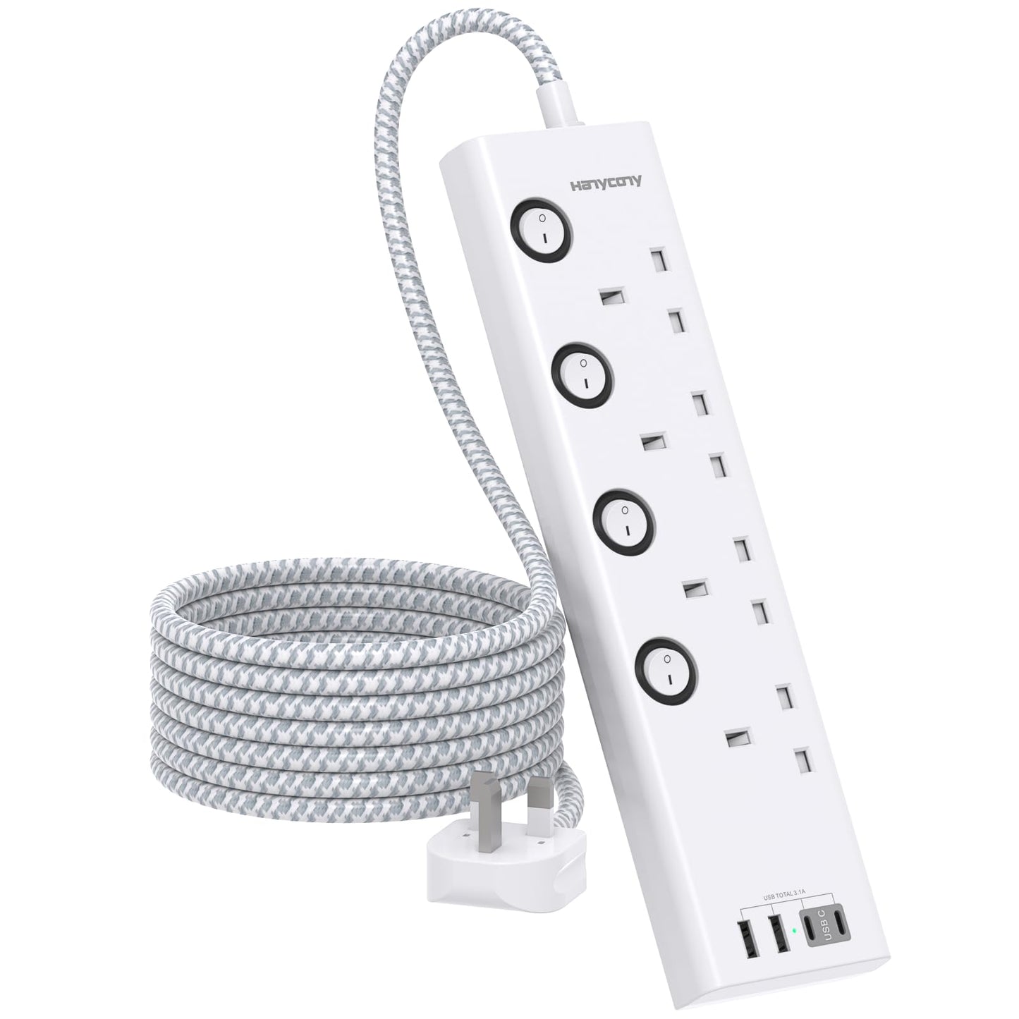 Extension Lead with 4 USB Slots(2 USB C), 4 Way Plug Extension Socket with Individual Switches, 1.8M Extension Cable, Wall Mount Extension Cord