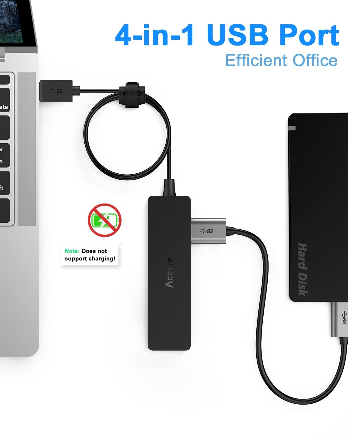 Aceele USB Hub 3.0 with 4ft Long USB Extension Cable, Splitter 4 Port with 5Gbps Data Transfer, Extender for Laptop, Desktop PC, MacBook