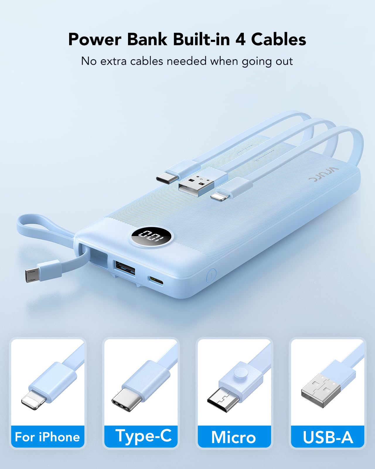 Power Bank With Built in Cables VRURC 10000mAh ,USB C Battery Pack Portable Charger with 5 Outputs 2 Inputs Powerbank LED Display compatible with iPhone 14 13 12 Samsung S21 S20 Xiaomi iPad
