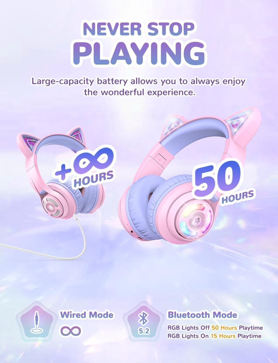 iClever Bluetooth Kids Headphones,Cat Ear LED Light Up Kids Wireless Headphones, 50H Playtime Volume Limiting Children Headphones with Microphone Over Ear for School/Tablet/PC
