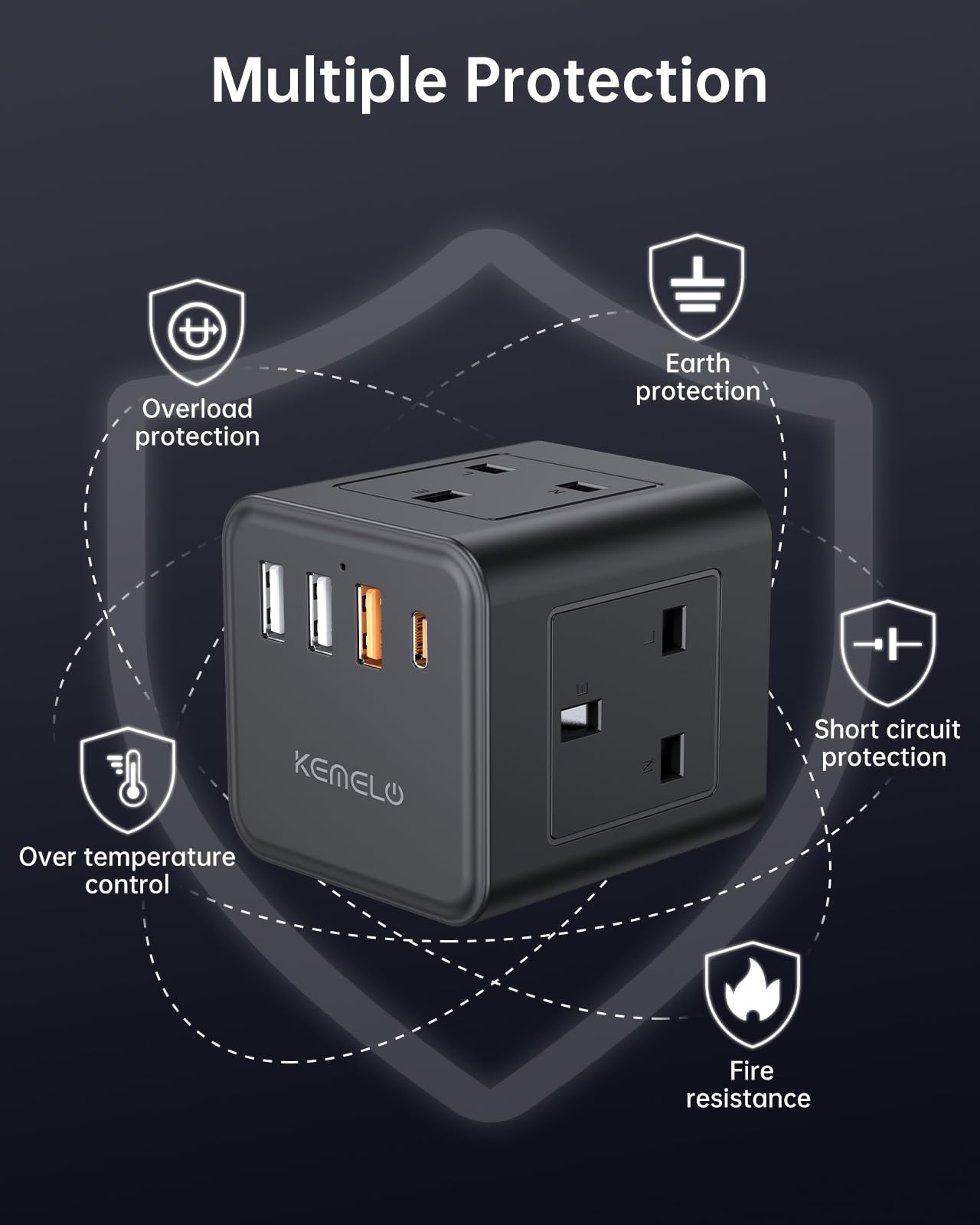 Kemelo Cube Extension Lead with 4 USB Ports – 4-Way 13A/3250W Power Strip with Child Safety, 1.5M Cable, UK Desktop Multi Plug Socket