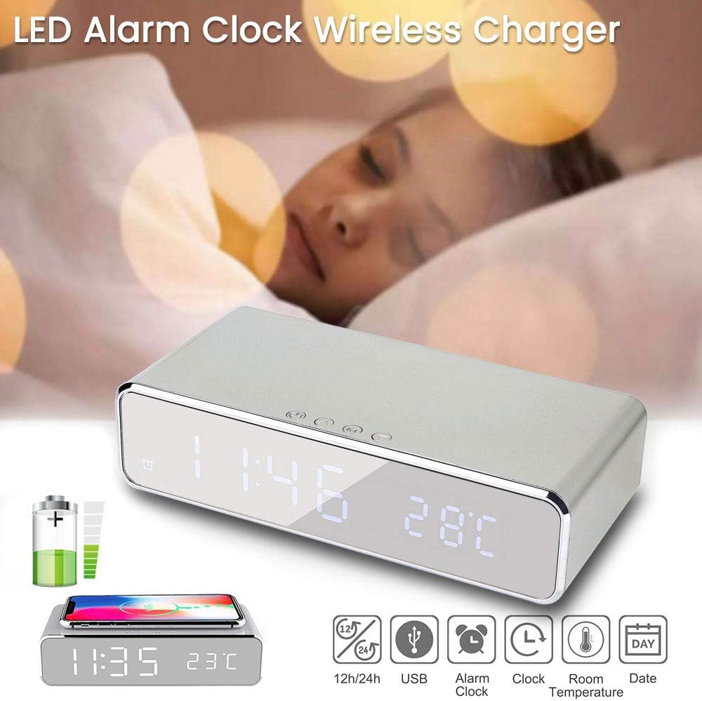 Digital Alarm Clock with Wireless Charging, 2 in 1 LED Bedside Alarm Clocks Wireless Charger with Temperature Display, Super Fast Wireless Charger Station for Teens Adults Kids Heavy Sleepers