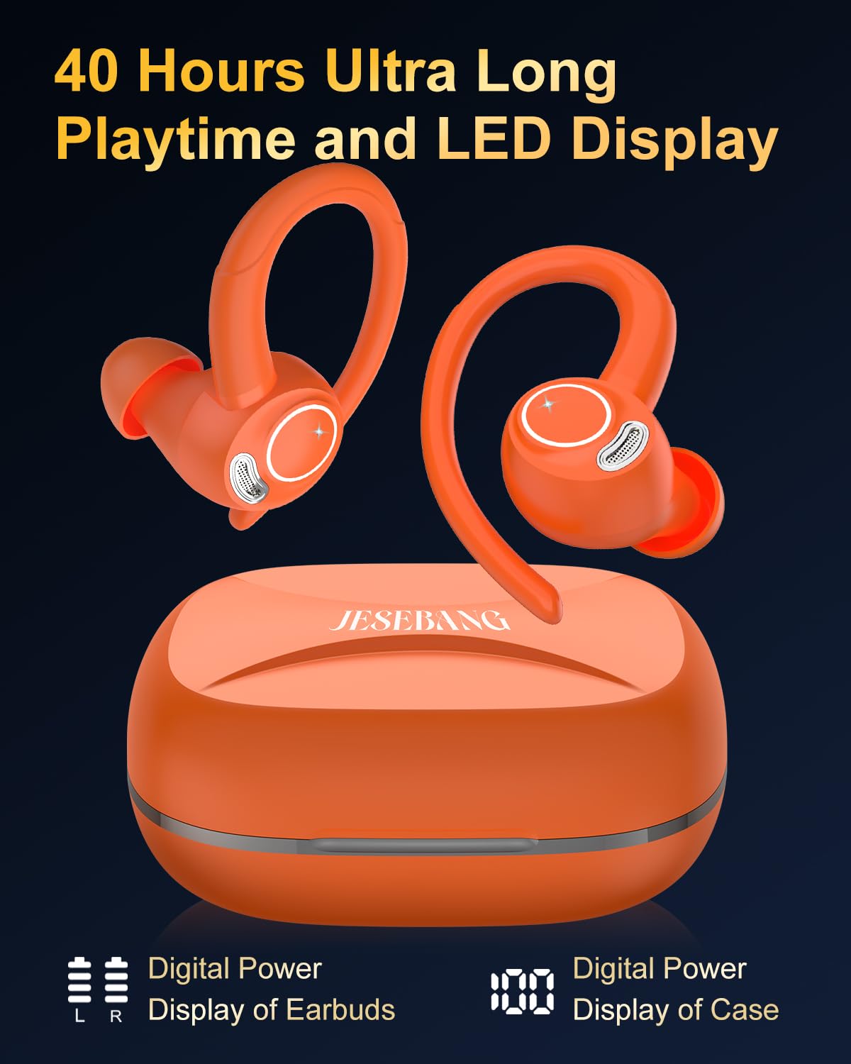 Jesebang Wireless Earbuds Bluetooth 5.3 – HiFi Stereo Sound with ENC Mic, Sport Ear Hooks, 40H Playtime, Dual LED Display