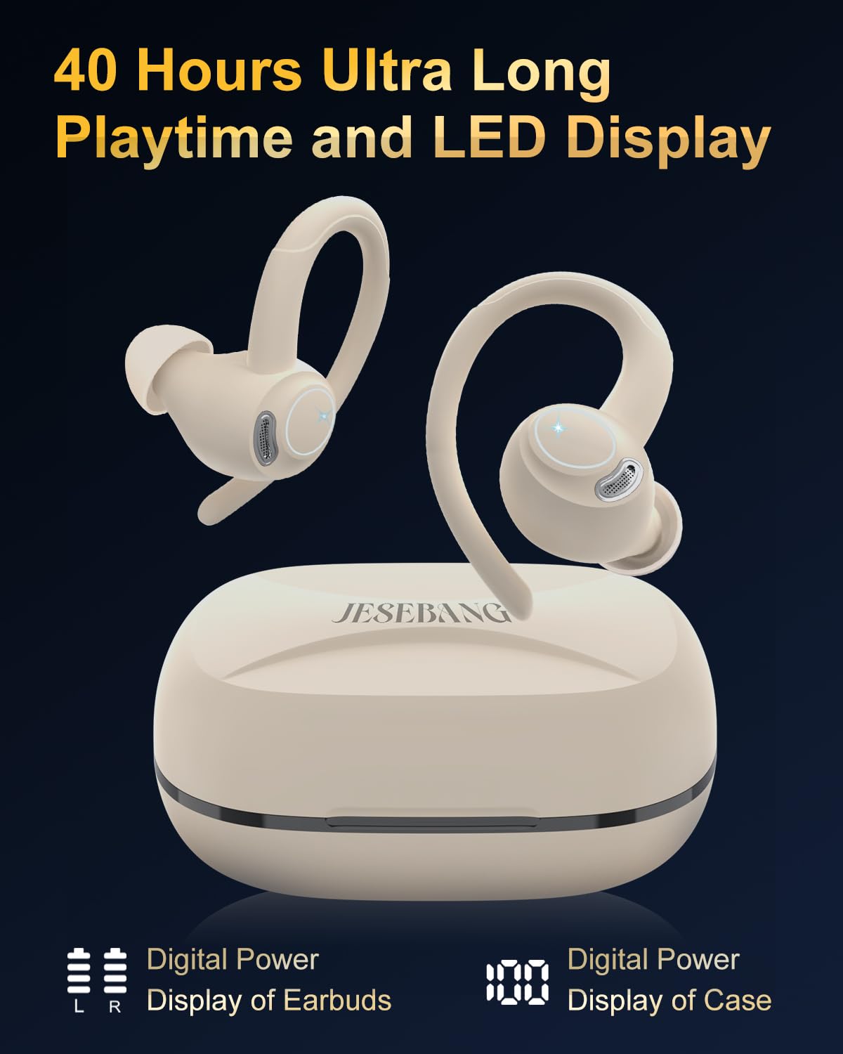 Jesebang Wireless Earbuds Bluetooth 5.3 – HiFi Stereo Sound with ENC Mic, Sport Ear Hooks, 40H Playtime, Dual LED Display