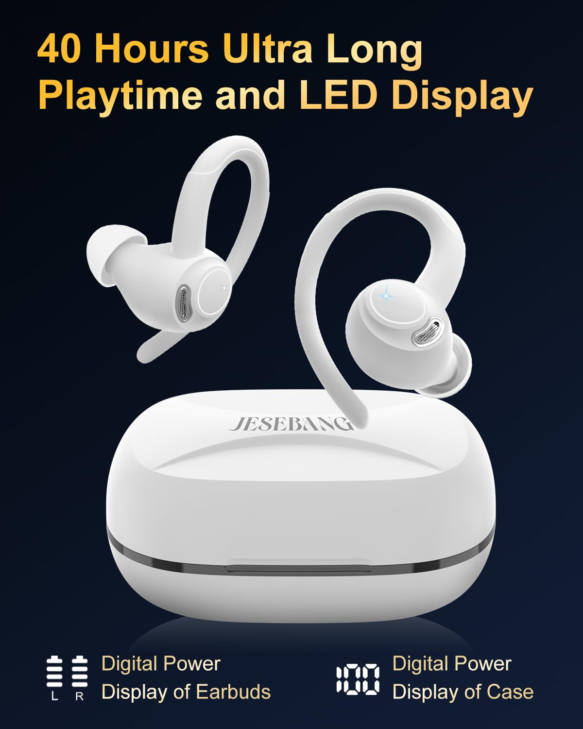 Jesebang Wireless Earbuds Bluetooth 5.3 – HiFi Stereo Sound with ENC Mic, Sport Ear Hooks, 40H Playtime, Dual LED Display