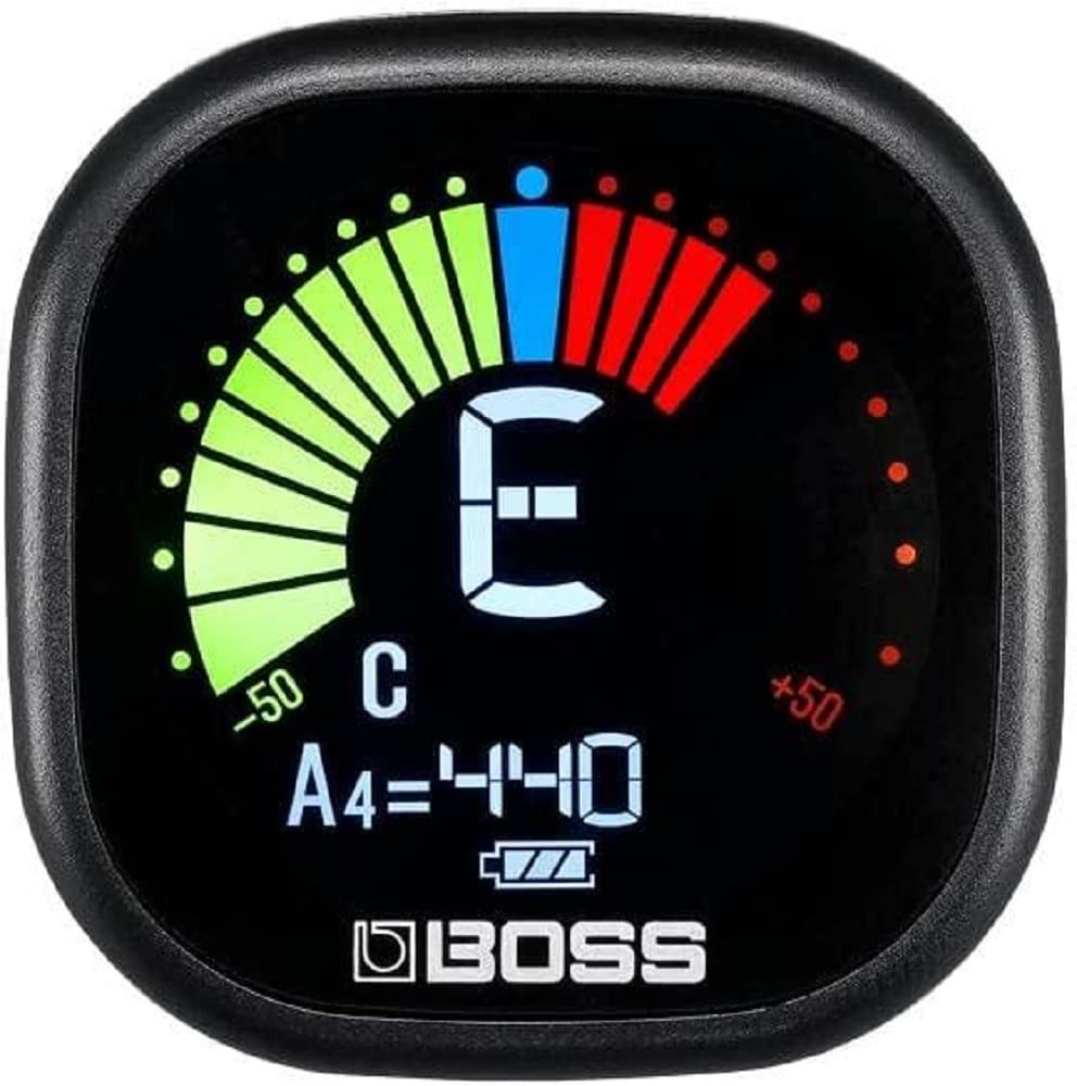 BOSS TU-02 Chromatic Clip-On Tuner for Guitar, Bass & Ukulele – Precise Battery-Powered Tuner with High-Contrast Color Display, Black