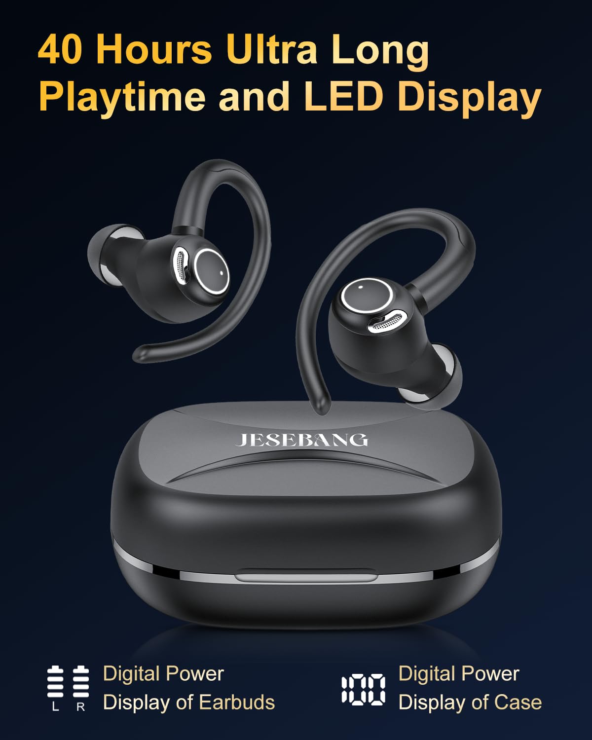 Jesebang Wireless Earbuds Bluetooth 5.3 – HiFi Stereo Sound with ENC Mic, Sport Ear Hooks, 40H Playtime, Dual LED Display