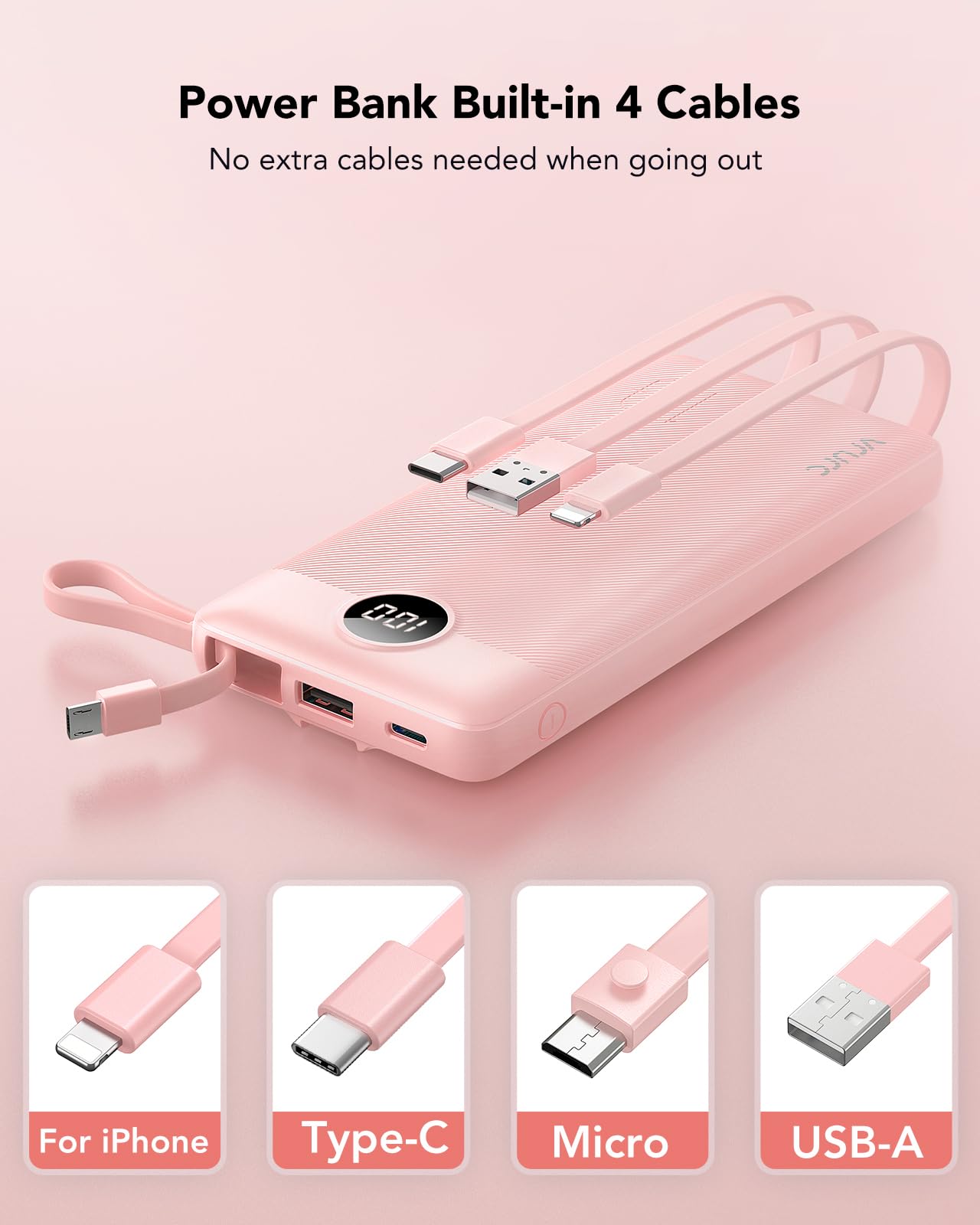 Power Bank With Built in Cables VRURC 10000mAh ,USB C Battery Pack Portable Charger with 5 Outputs 2 Inputs Powerbank LED Display compatible with iPhone 14 13 12 Samsung S21 S20 Xiaomi iPad