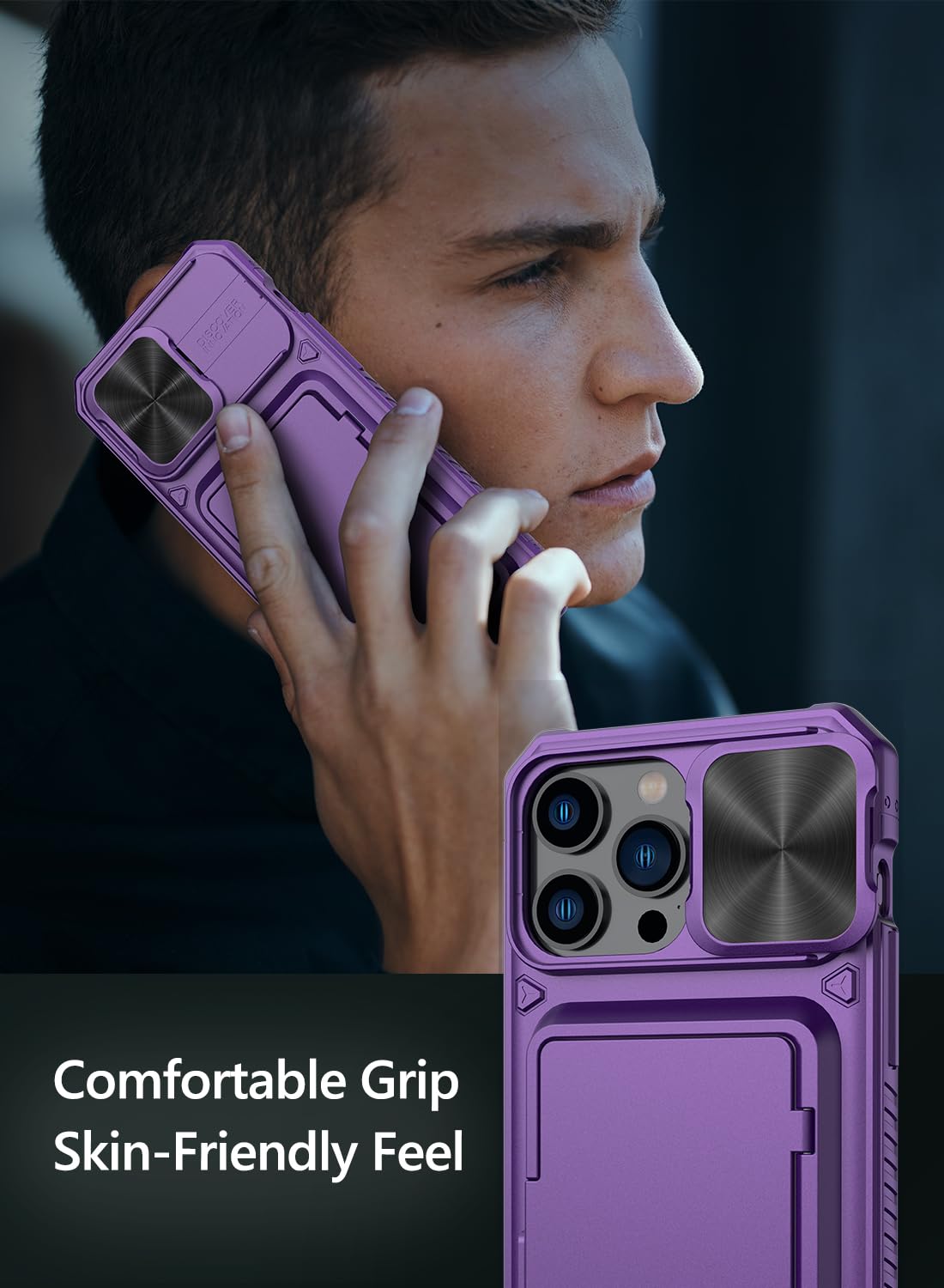 Vihibii for iPhone 15 Pro Max Case with Card Holder & Slide Camera Cover & Kickstand, Military Grade Drop Protection, Rugged Hard Back & Silicone Edge Wallet Phone Case