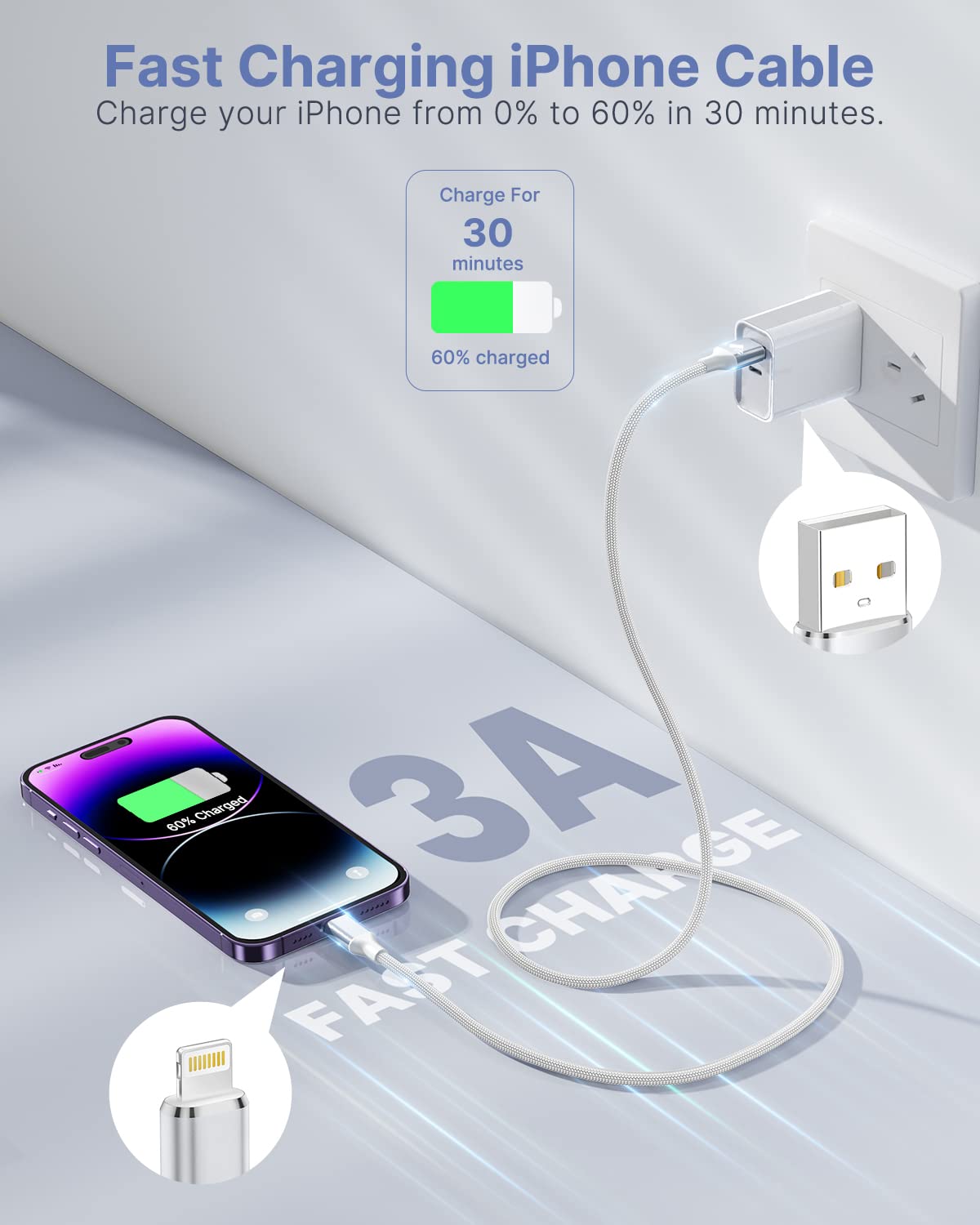 Aioneus iPhone Charger Cable 2M, MFi Certified Lightning Fast Charging Cable Lead Nylon Lightning to USB Cable for iPhone 14 13 12 11 Pro Max XS XR X 8 7 6 Plus 5 SE