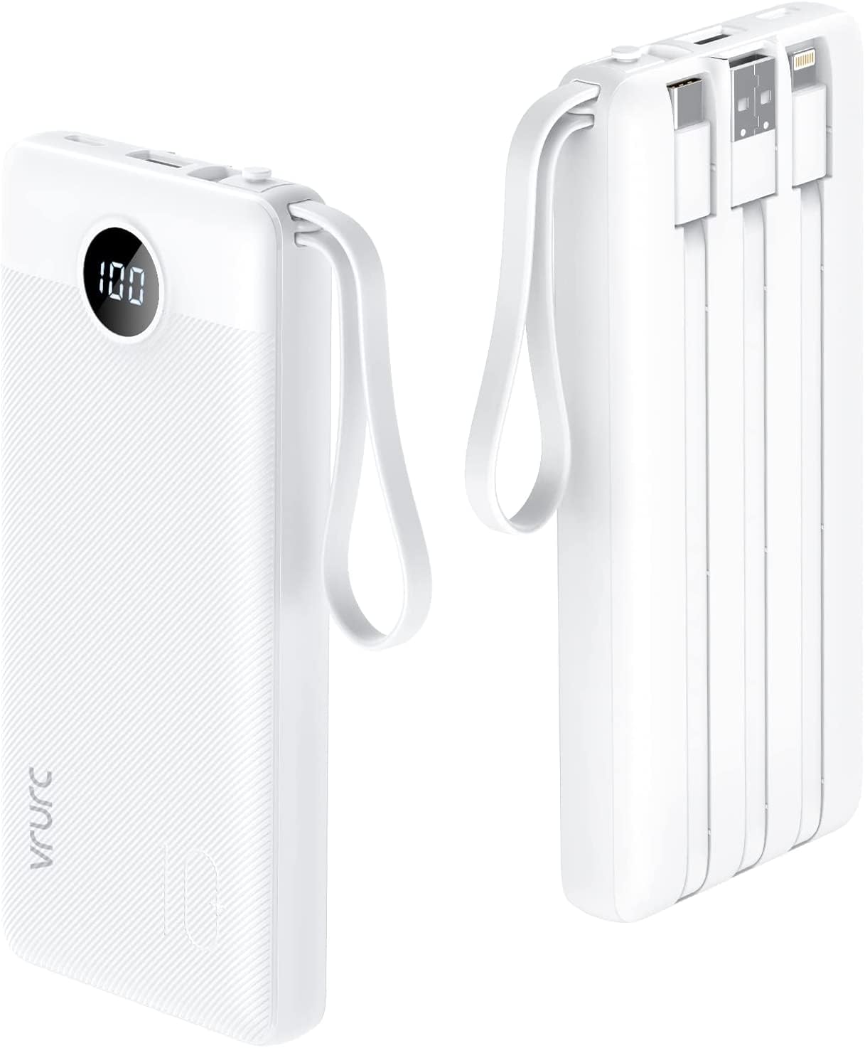 Power Bank With Built in Cables VRURC 10000mAh ,USB C Battery Pack Portable Charger with 5 Outputs 2 Inputs Powerbank LED Display compatible with iPhone 14 13 12 Samsung S21 S20 Xiaomi iPad