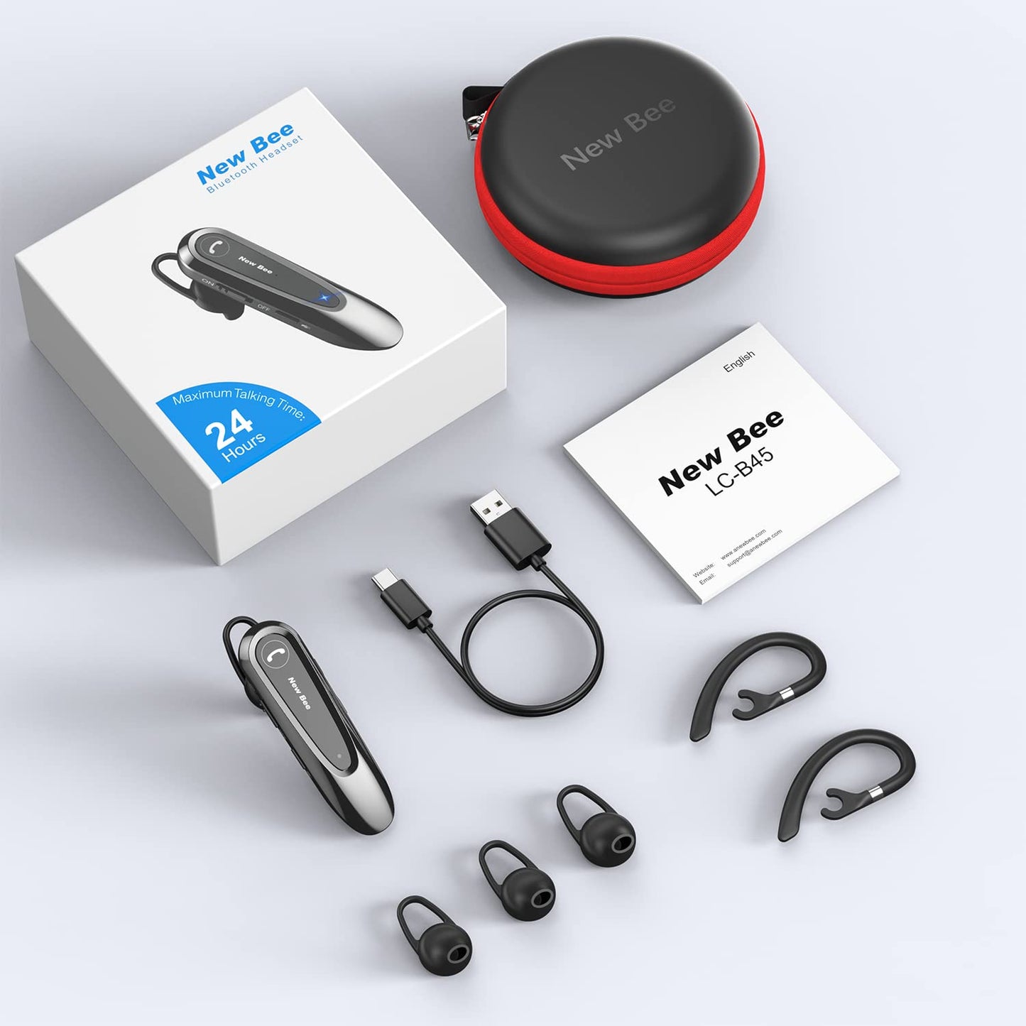 New bee Bluetooth Headsets with Dual Mic V5.0 Handsfree Bluetooth Earpiece with 25 Hrs Talking Time Mic Mute Two Device Connection for iPhone, Android and Laptop