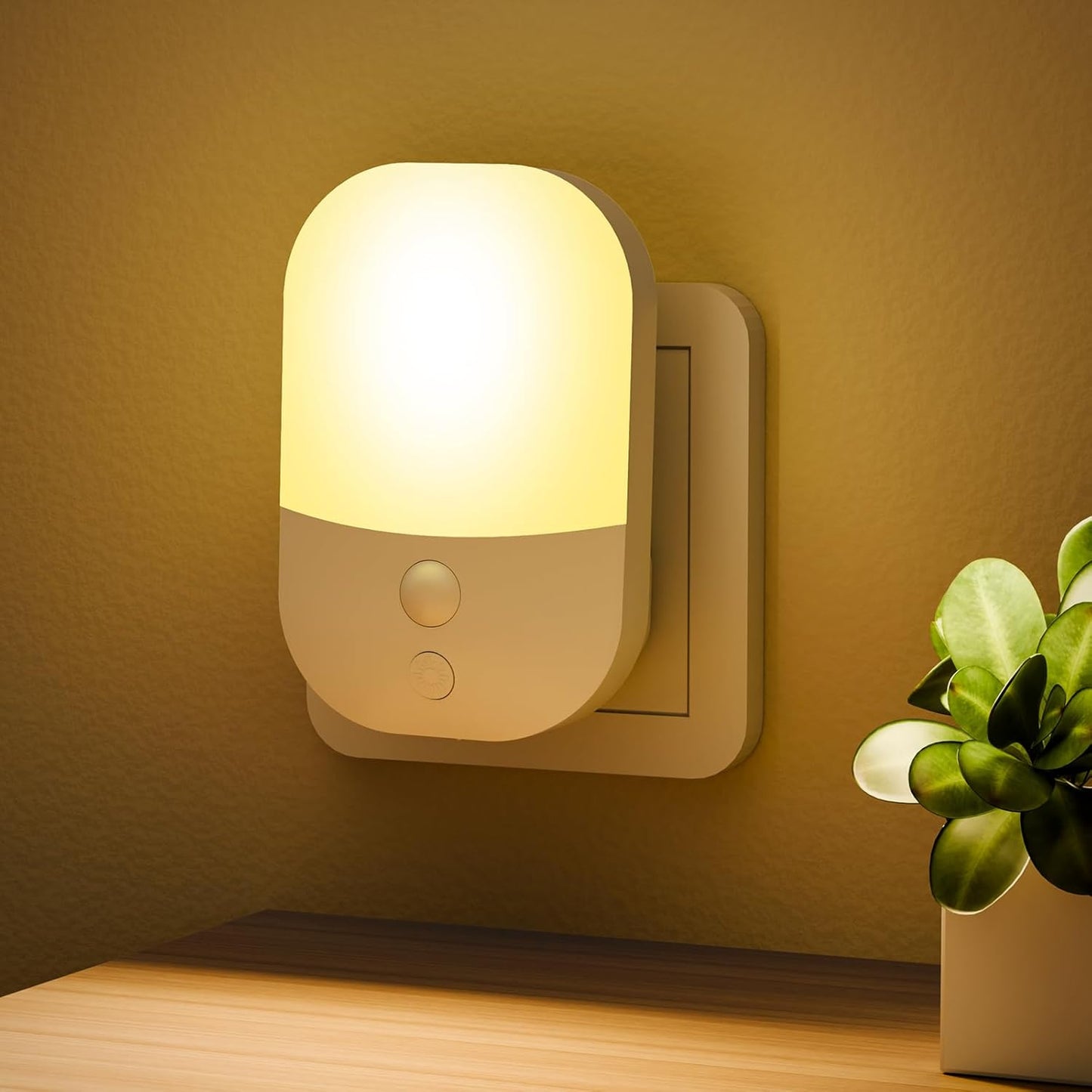Night Light Plug in Wall with Dusk to Dawn Photocell Sensor, 5 Brightness Levels, ON/Off/AUTO Lighting Mode, 3000K Warm White Night Light for Hallways, Stairs, Bedrooms, Kitchen, 0.3W, 1 Pack