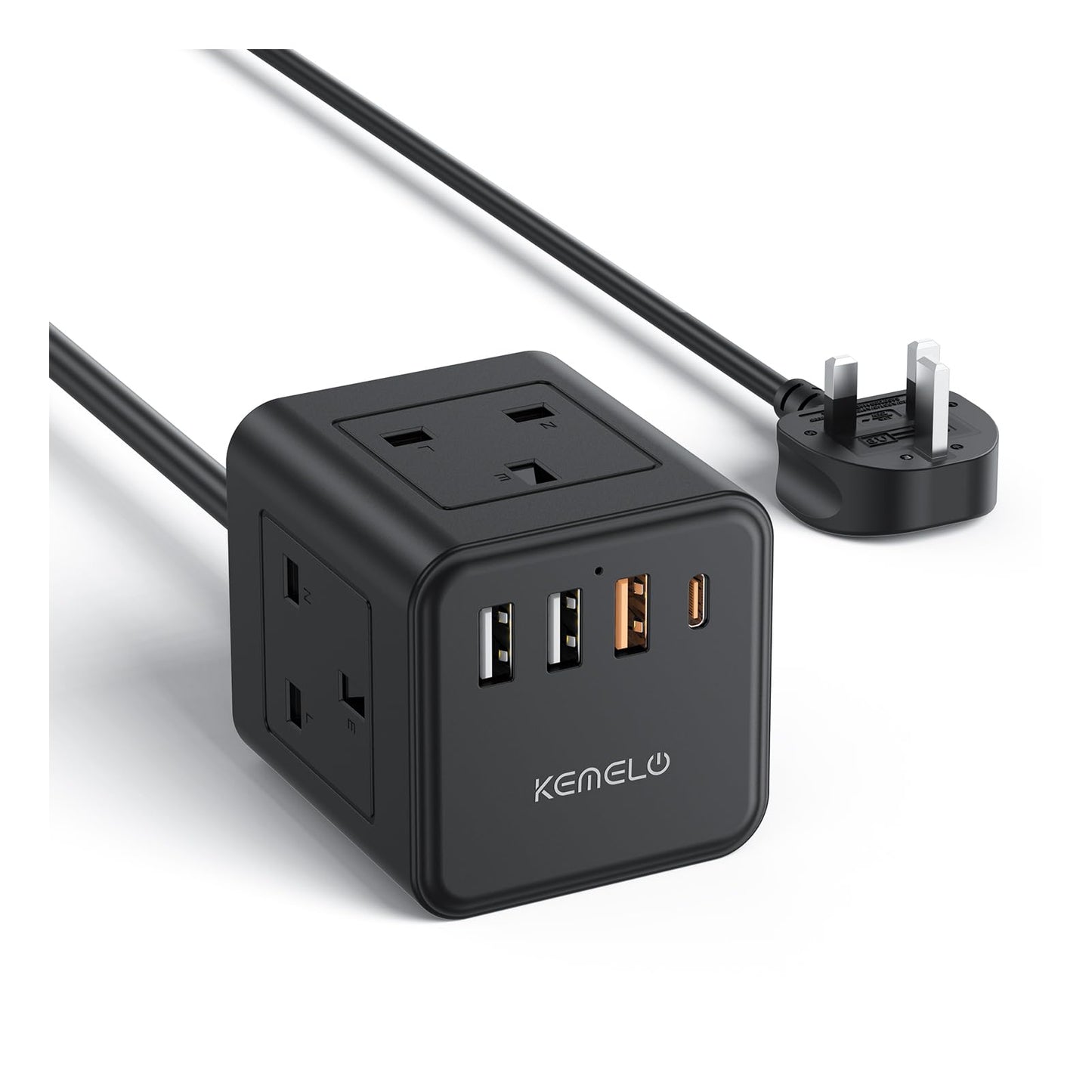 Kemelo Cube Extension Lead with 4 USB Ports – 4-Way 13A/3250W Power Strip with Child Safety, 1.5M Cable, UK Desktop Multi Plug Socket