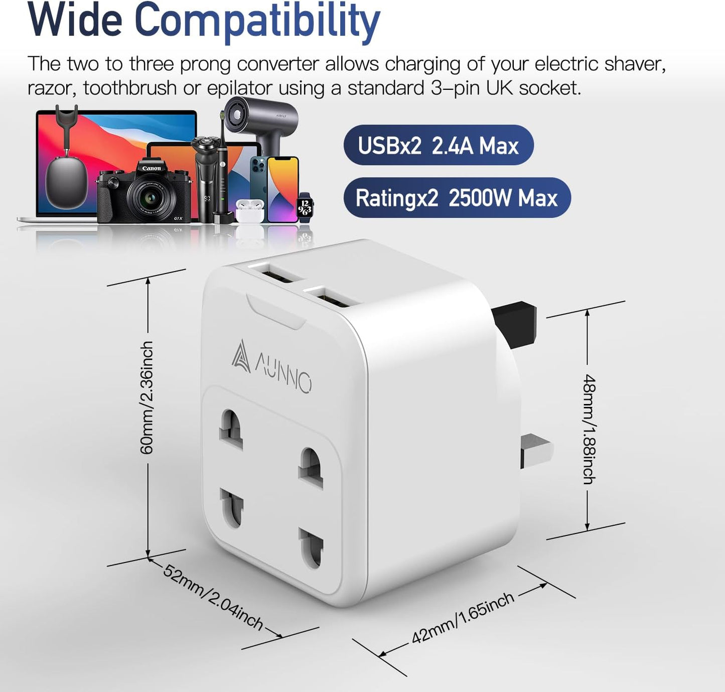 AUNNO Double Shaver Plug Adaptor UK with 2 USB Ports, 2500W 4 in 1 Plug Adapter for Bathroom Electric Razor and Electric Toothbrush etc, 2 Pin to 3 Pin Plug Adapter with 10A Fuse