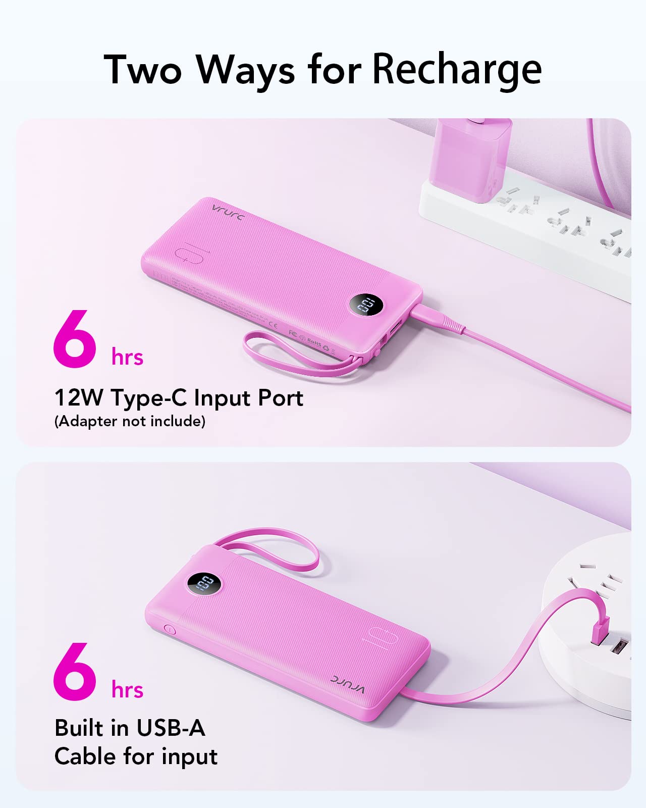 Power Bank With Built in Cables VRURC 10000mAh ,USB C Battery Pack Portable Charger with 5 Outputs 2 Inputs Powerbank LED Display compatible with iPhone 14 13 12 Samsung S21 S20 Xiaomi iPad