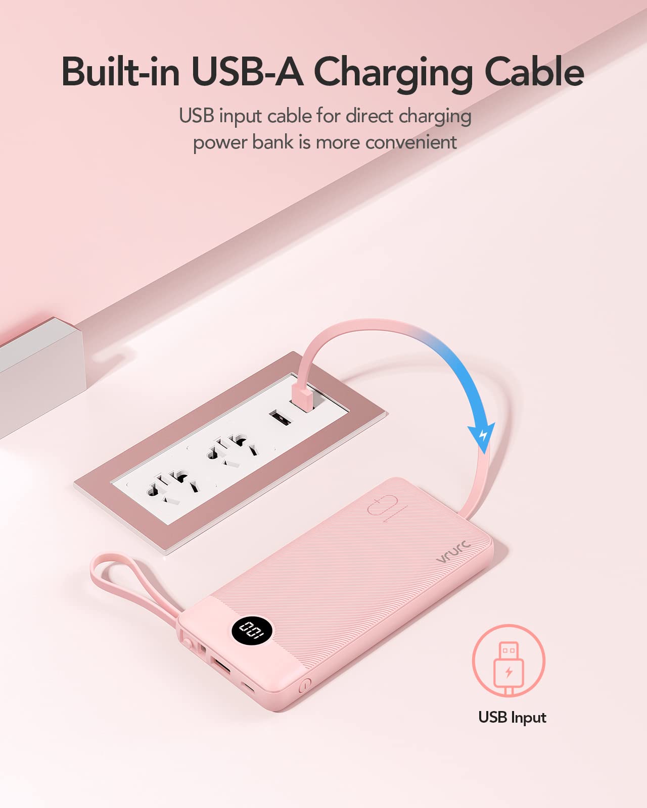 Power Bank With Built in Cables VRURC 10000mAh ,USB C Battery Pack Portable Charger with 5 Outputs 2 Inputs Powerbank LED Display compatible with iPhone 14 13 12 Samsung S21 S20 Xiaomi iPad