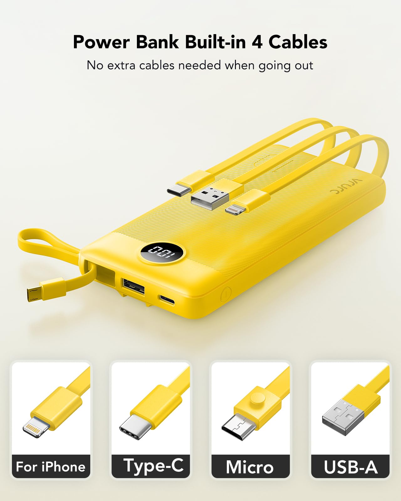 Power Bank With Built in Cables VRURC 10000mAh ,USB C Battery Pack Portable Charger with 5 Outputs 2 Inputs Powerbank LED Display compatible with iPhone 14 13 12 Samsung S21 S20 Xiaomi iPad