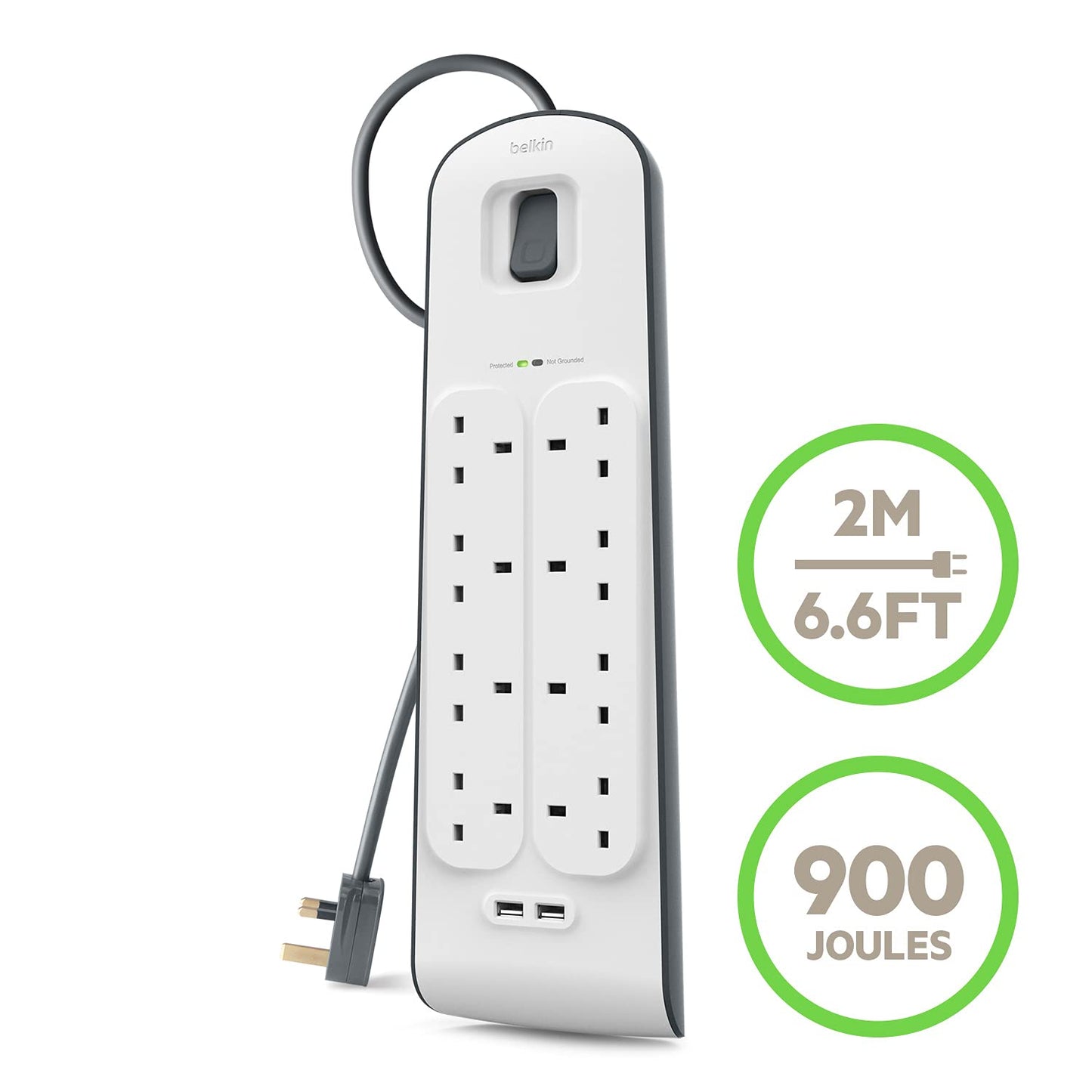 Belkin Surge Protected Extension Lead – 8 Sockets + 2 USB Ports (2.4A), 2m Cable