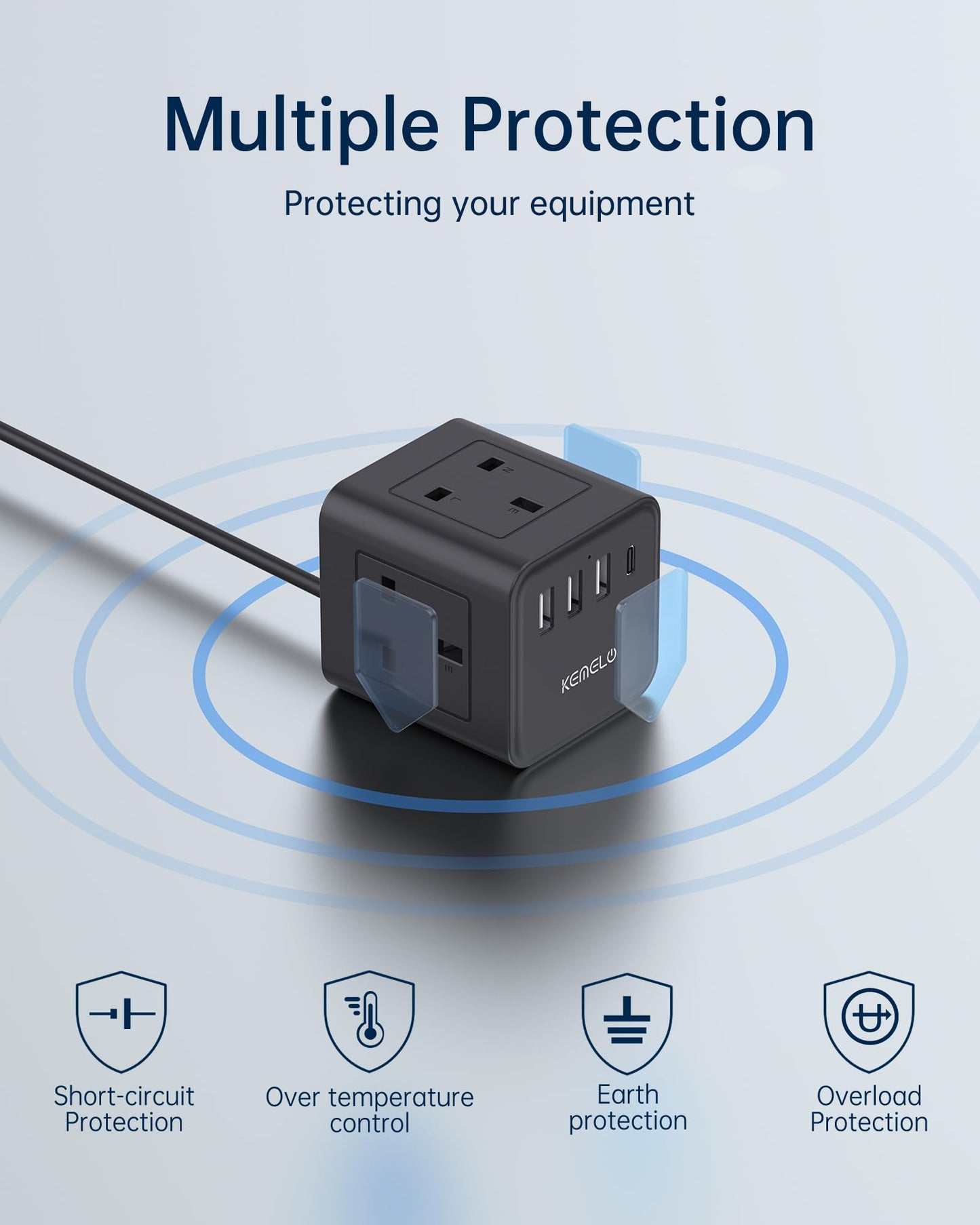 Kemelo Cube Extension Lead with 4 USB Ports – 4-Way 13A/3250W Power Strip with Child Safety, 1.5M Cable, UK Desktop Multi Plug Socket