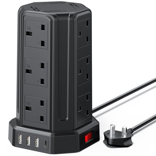 AODENG Tower Extension Lead with USB Slots 5M, 12 Way Outlets Multi Plug Extension Tower with 4 USB Slots, Surge Protector Long Extension Lead tower for Home, Office, Kitchen