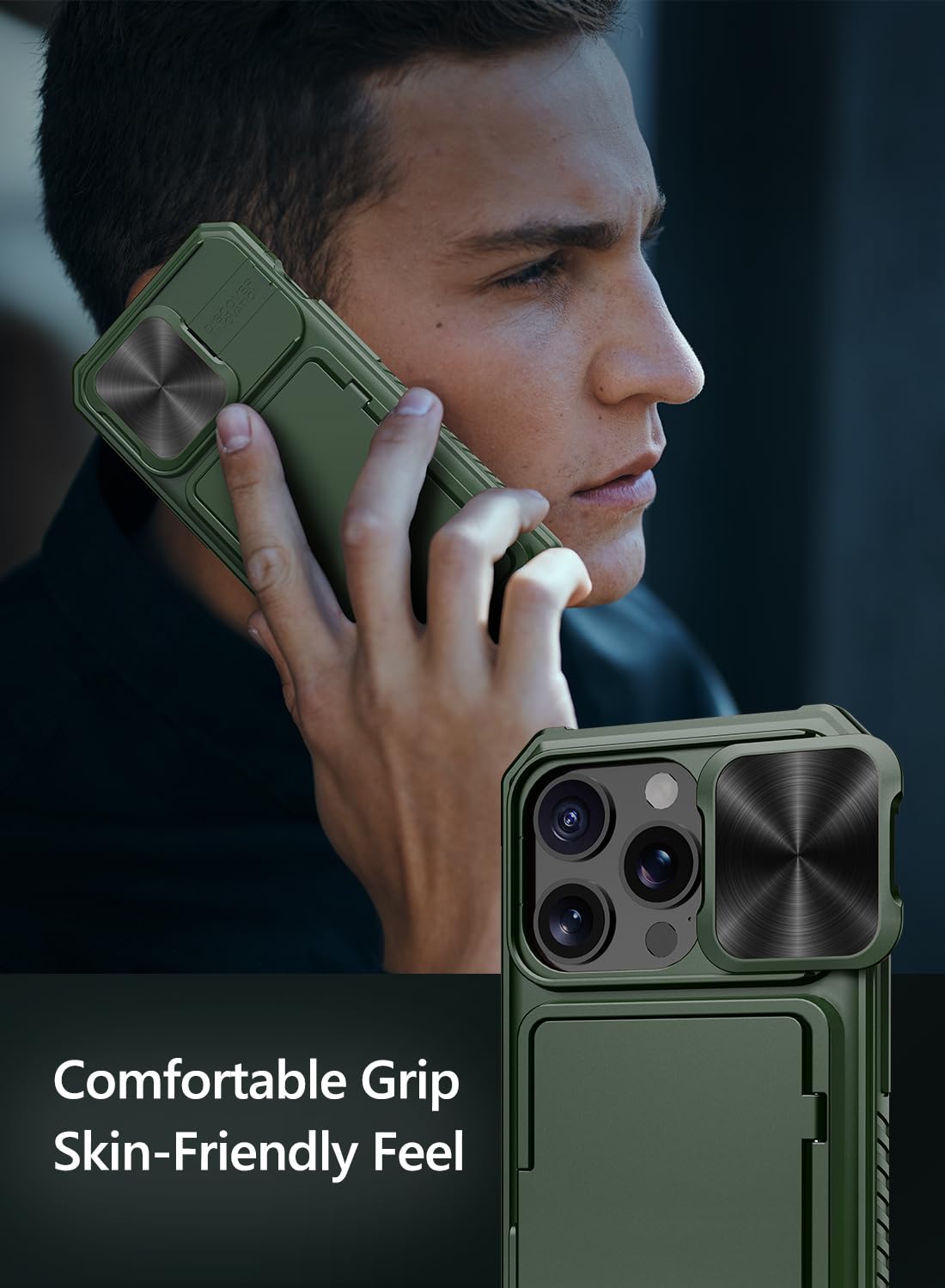 Vihibii for iPhone 15 Pro Max Case with Card Holder & Slide Camera Cover & Kickstand, Military Grade Drop Protection, Rugged Hard Back & Silicone Edge Wallet Phone Case
