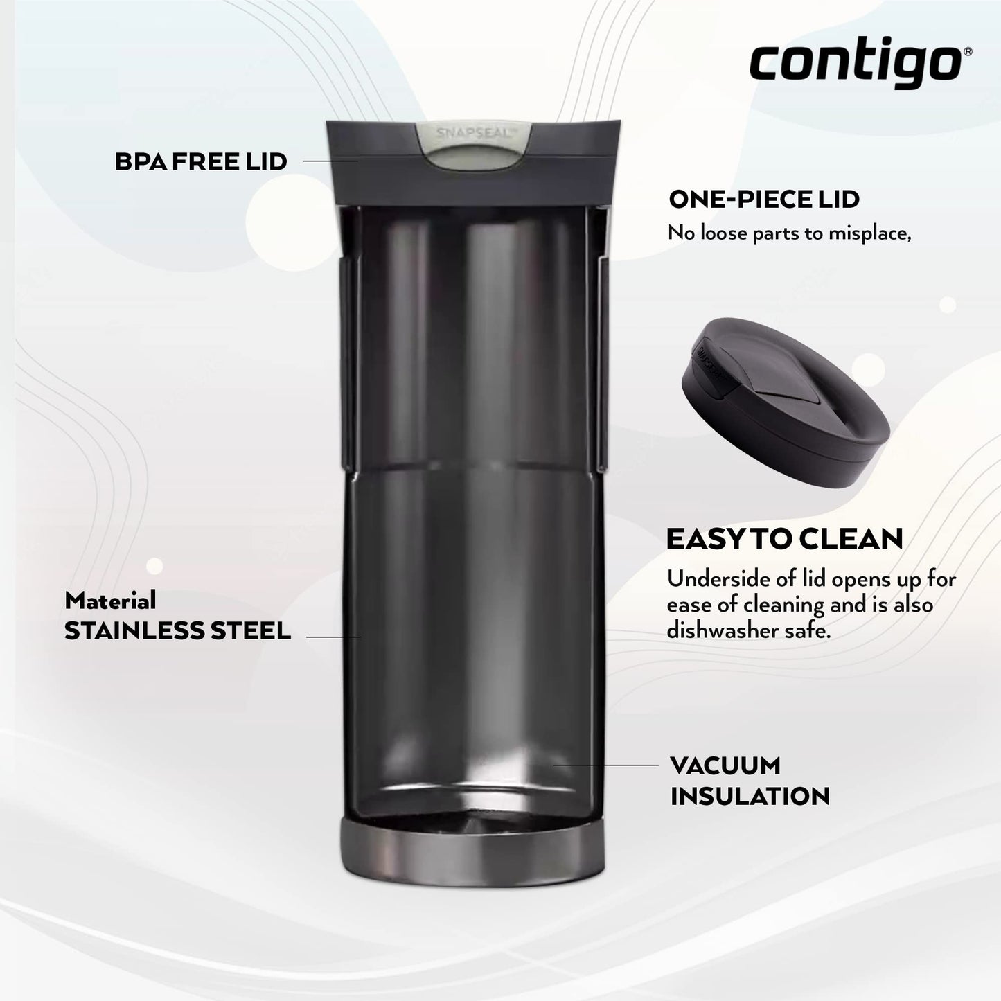 Contigo Byron Snapseal Travel Mug | Stainless Steel Thermal Mug | Vacuum Flask | Leakproof Tumbler | Coffee to Go Mug with BPA Free Easy-Clean Lid