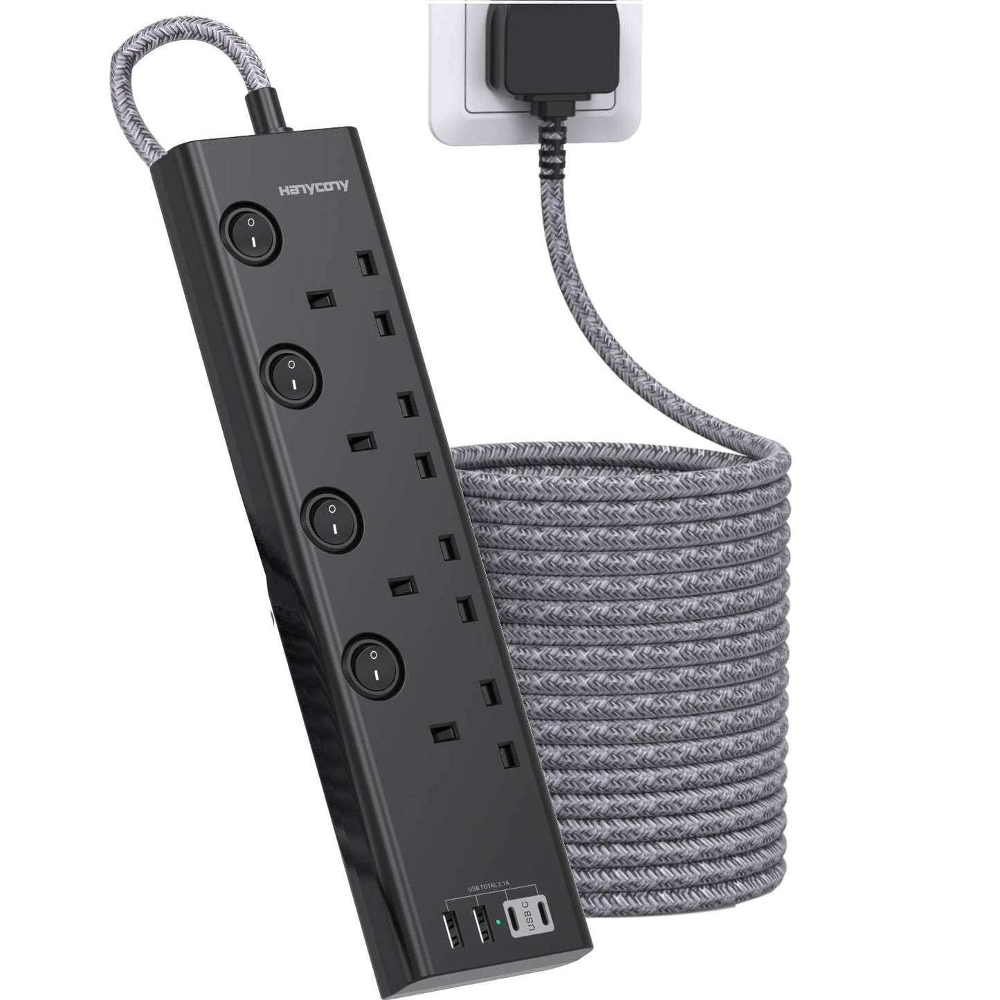 Extension Lead with 4 USB Slots(2 USB C), 4 Way Plug Extension Socket with Individual Switches, 1.8M Extension Cable, Wall Mount Extension Cord