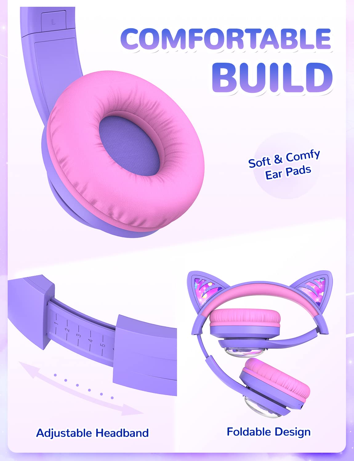 iClever Bluetooth Kids Headphones,Cat Ear LED Light Up Kids Wireless Headphones, 50H Playtime Volume Limiting Children Headphones with Microphone Over Ear for School/Tablet/PC