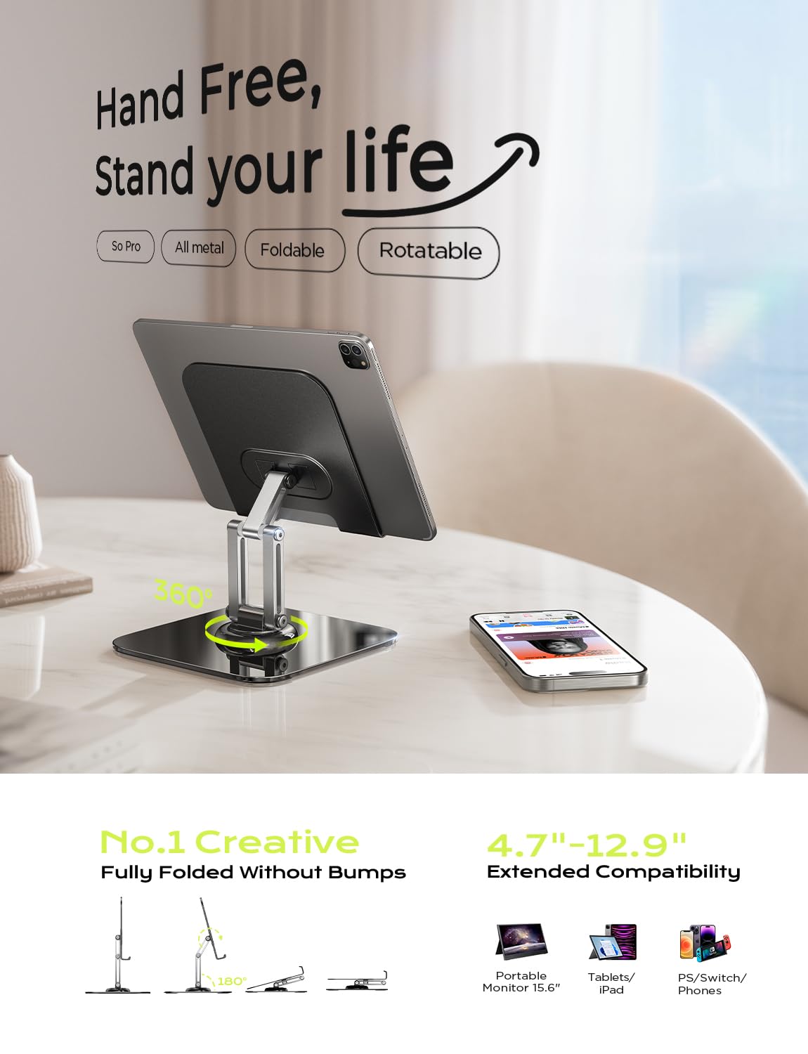 LISEN Fits iPad Stand Holder 360° Adjustable Tablet Foldable Fits iPad Stand for Desk Rotating Portable Monitor for 2024 iPad Accessories Tablets/PS/Switch