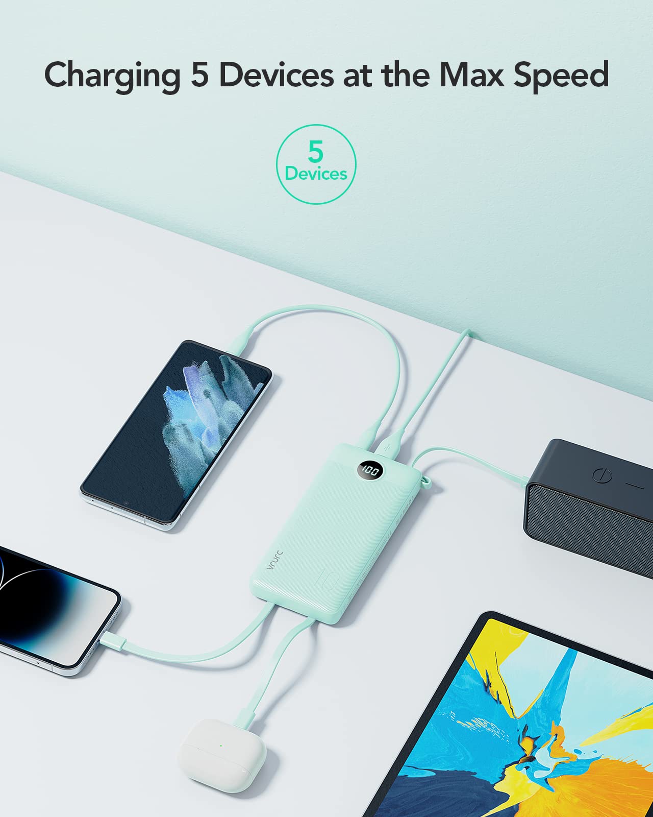 Power Bank With Built in Cables VRURC 10000mAh ,USB C Battery Pack Portable Charger with 5 Outputs 2 Inputs Powerbank LED Display compatible with iPhone 14 13 12 Samsung S21 S20 Xiaomi iPad