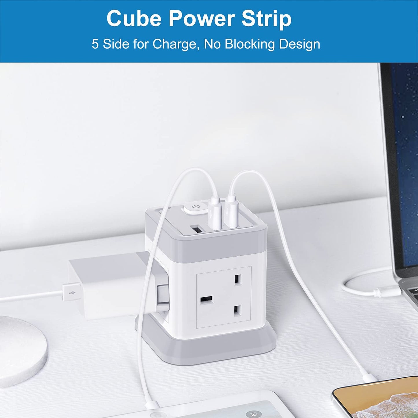 Cube Extension Lead with USB Slots, BEVA 4 Way Multi Plug Power Strip with 3 USB Ports, Desktop Power Extension Socket with 1.5M Extension Cords for Home Dorm Office