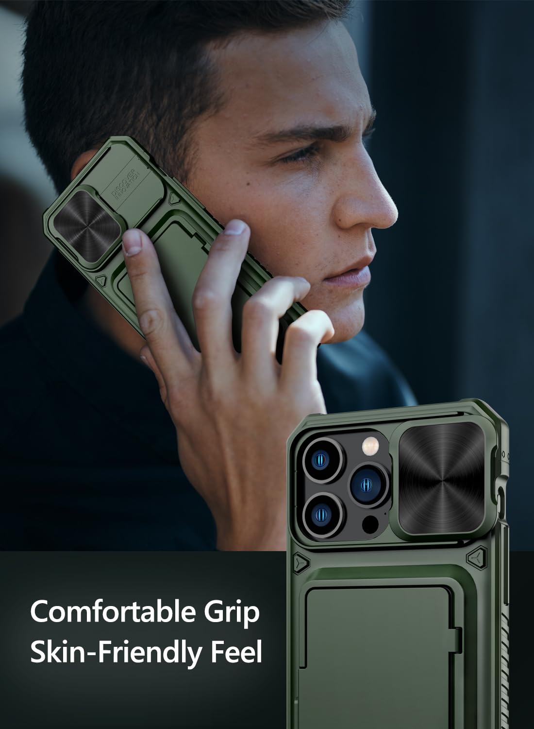 Vihibii for iPhone 15 Pro Max Case with Card Holder & Slide Camera Cover & Kickstand, Military Grade Drop Protection, Rugged Hard Back & Silicone Edge Wallet Phone Case