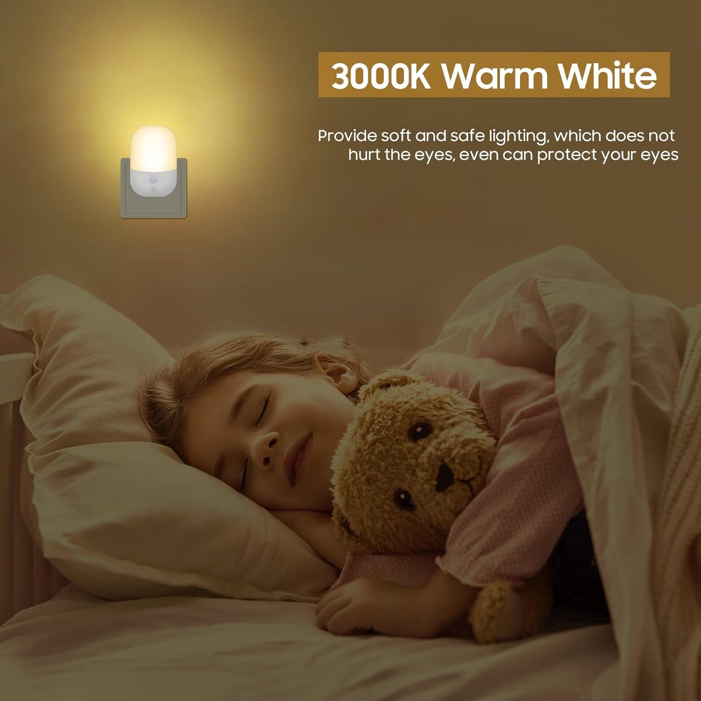 Plug-in Night Light with Dusk to Dawn Photocell & 5 Brightness Settings – Warm White, Ideal for Children’s Rooms, Hallways, Garage