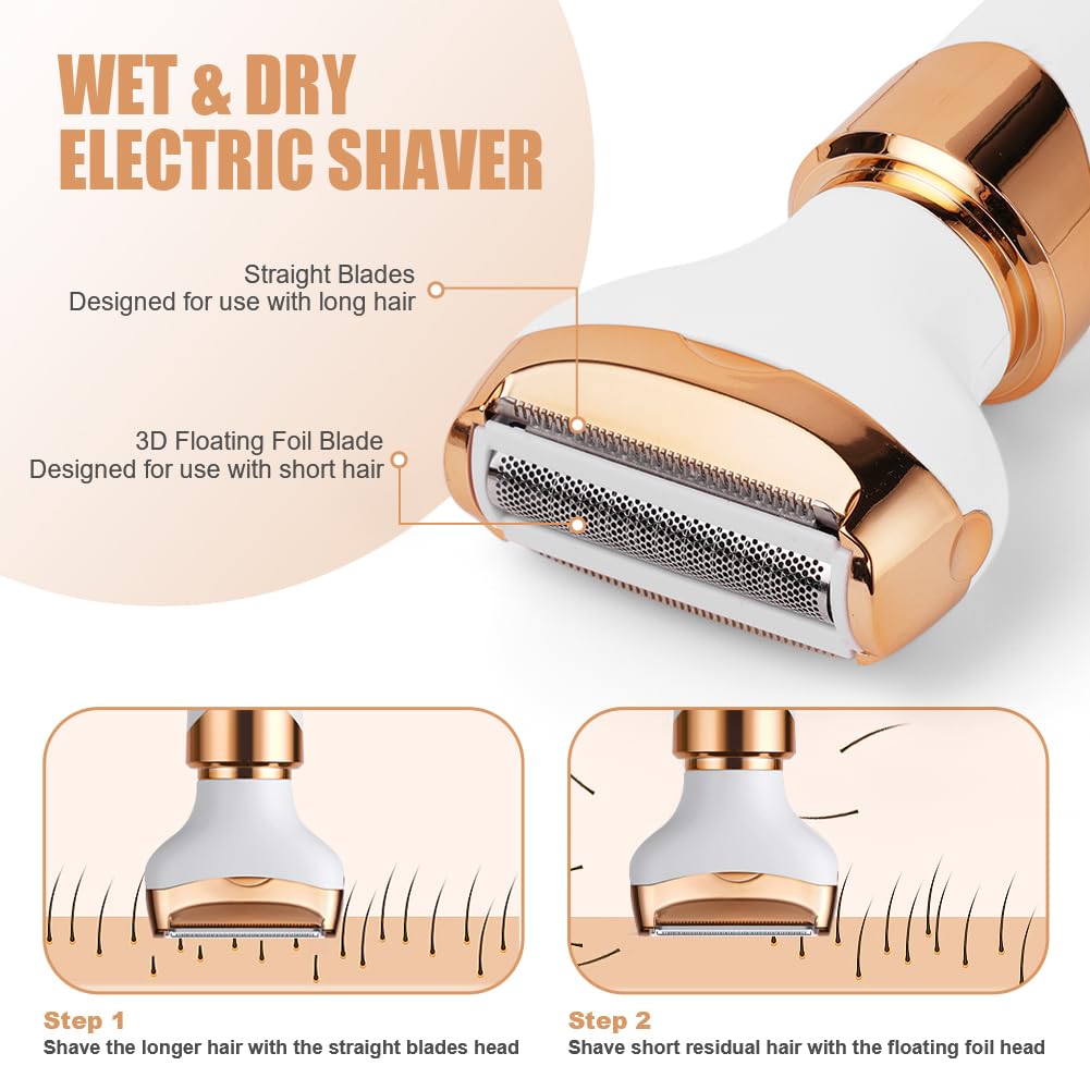 ACWOO Cordless 4 in 1 Electric Lady Shaver for Women, Rechargeable Painless Razor Bikini Trimmer Wet and Dry Hair Removal for Face Legs Underarm Nose and Eyebrow