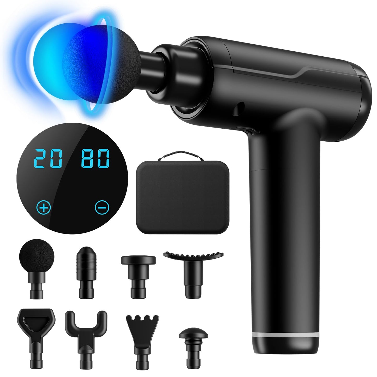 Deep Tissue Massage Gun – Portable Muscle Massager with 8 Massage Heads, LCD Touch Screen, Quiet Glide Technology, Powerful Cordless Percussion