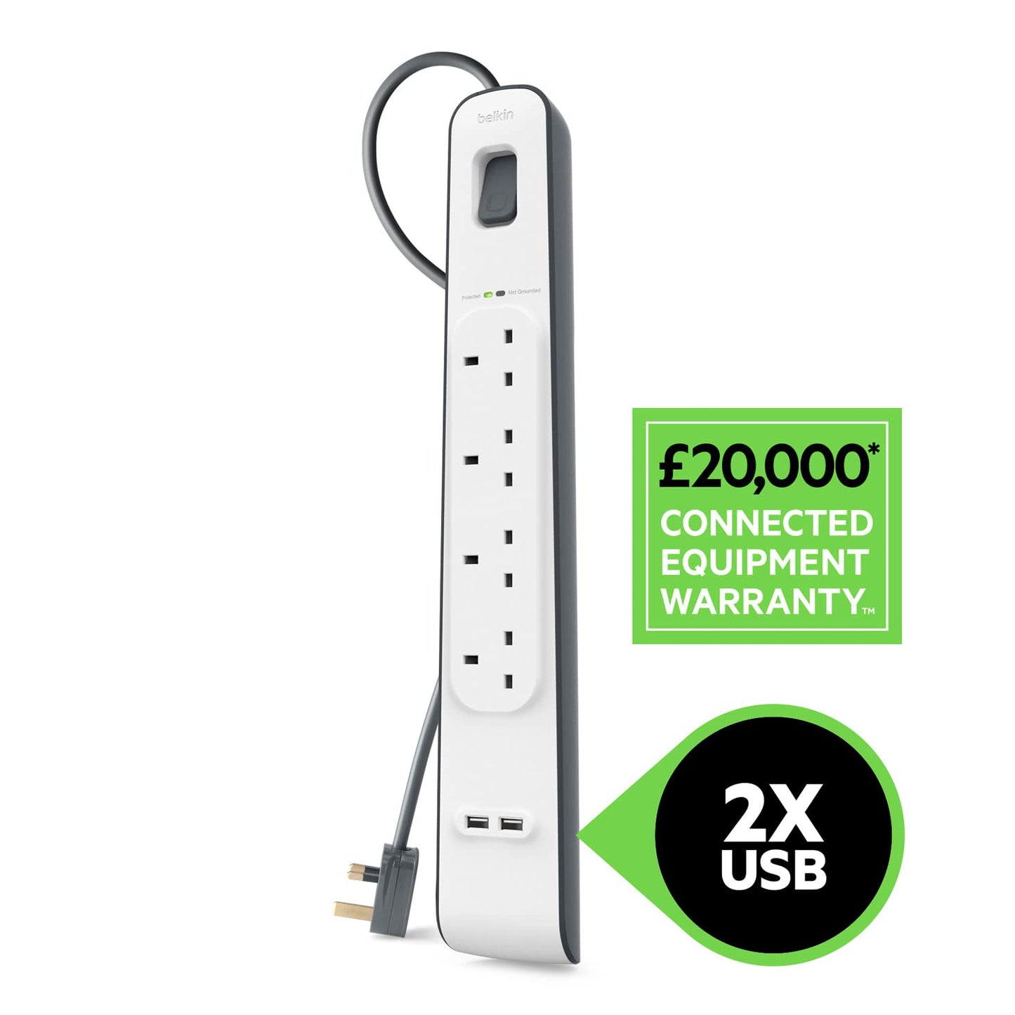 Belkin Surge Protected Extension Lead – 8 Sockets + 2 USB Ports (2.4A), 2m Cable