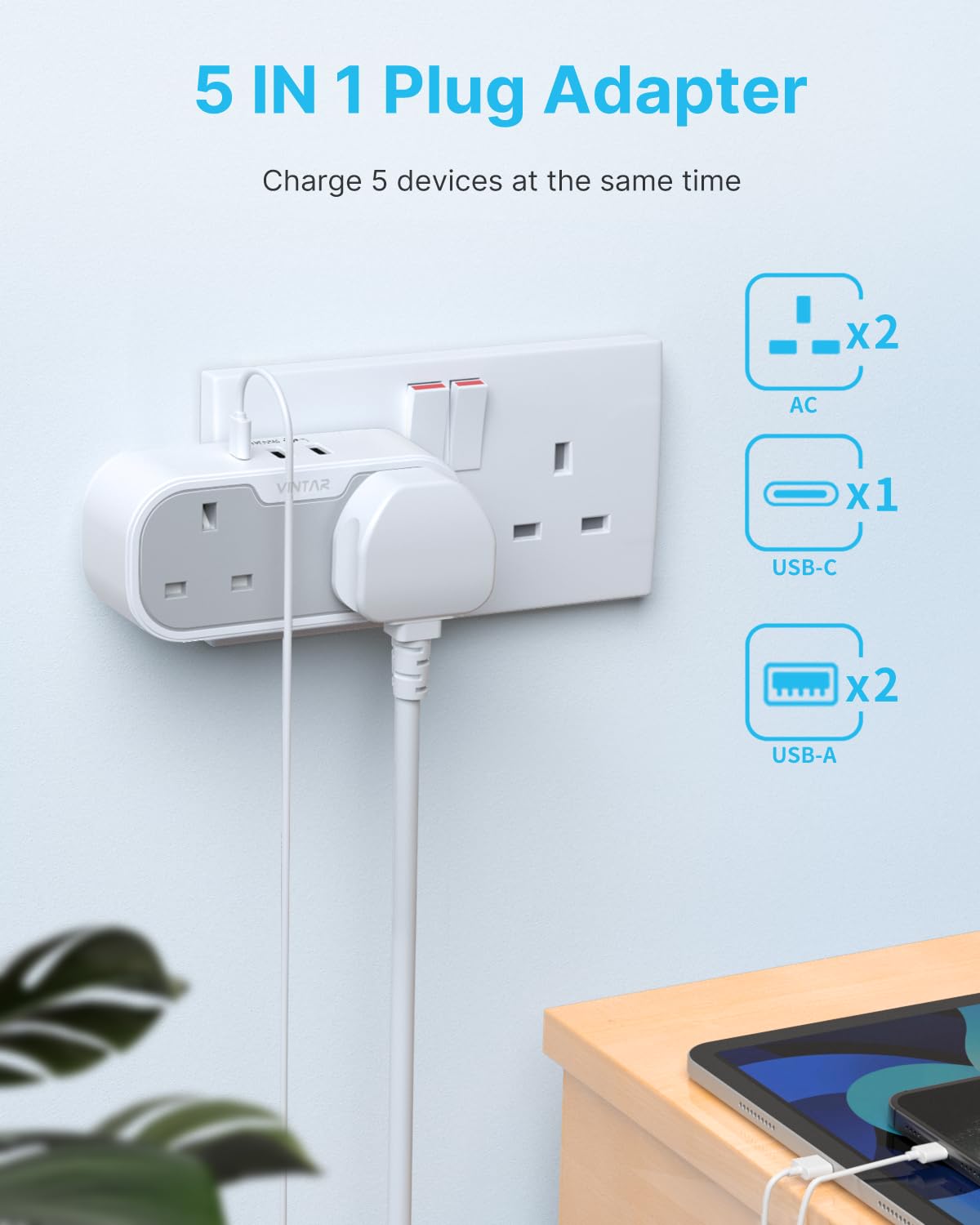 Double Plug Adaptor,Multi Plug Extension Socket with 2 USB 1 USB C Ports, 2 Way Plug Adapter UK, 13A UK 3 Pin Wall Multiplug Extender for Bedroom, Office, Kitchen