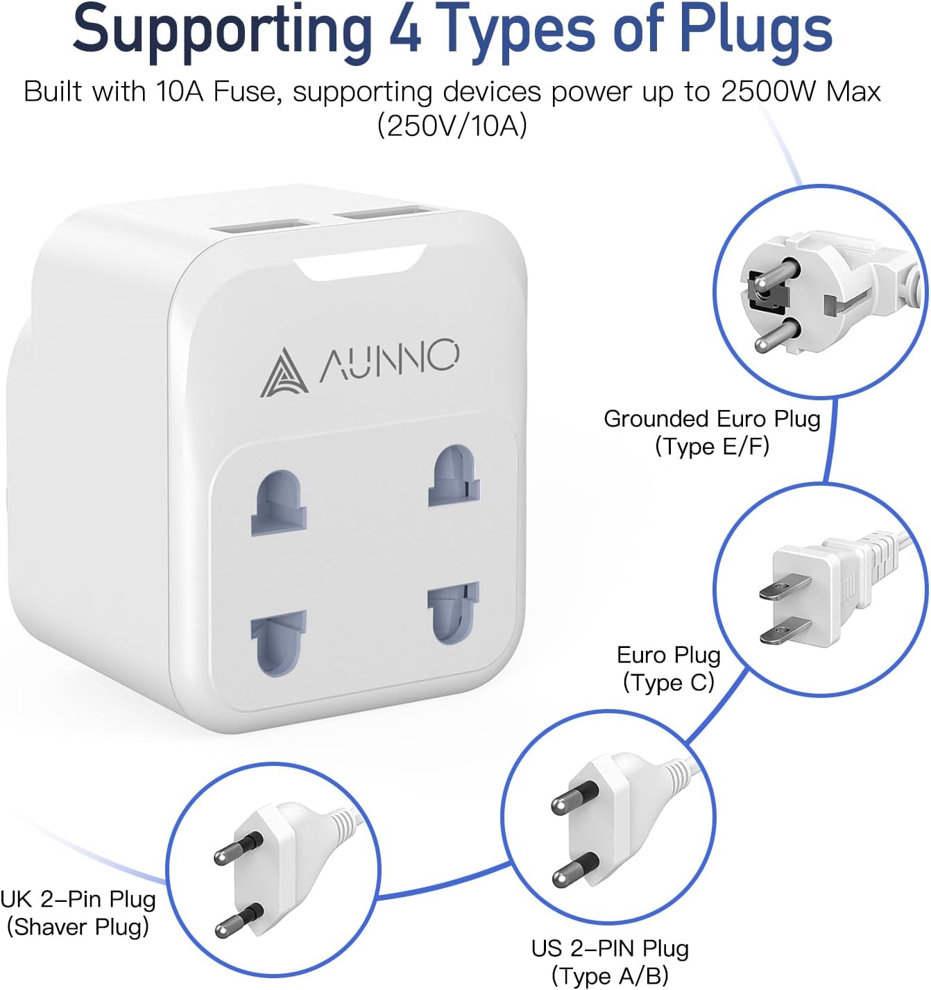 AUNNO Double Shaver Plug Adaptor UK with 2 USB Ports, 2500W 4 in 1 Plug Adapter for Bathroom Electric Razor and Electric Toothbrush etc, 2 Pin to 3 Pin Plug Adapter with 10A Fuse