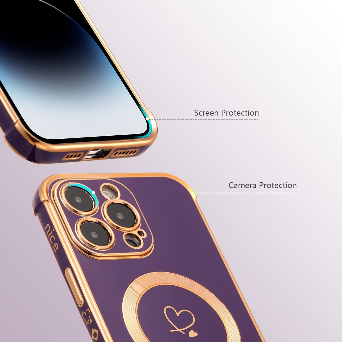 ZTOFERA Magnetic Case for iPhone 15 Pro Compatible with MagSafe, Flexible Soft Silicone Protective Phone with Cute Love Heart Pattern Golden Rim Shockproof Bumper Cover