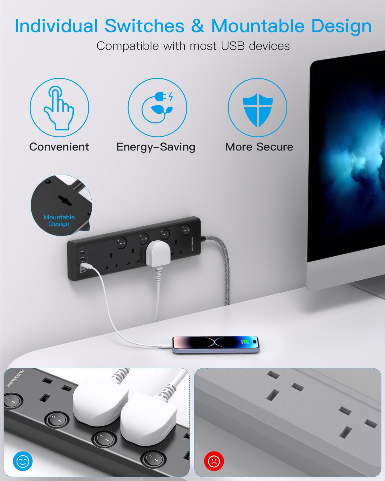 Extension Lead with 4 USB Slots(2 USB C), 4 Way Plug Extension Socket with Individual Switches, 1.8M Extension Cable, Wall Mount Extension Cord