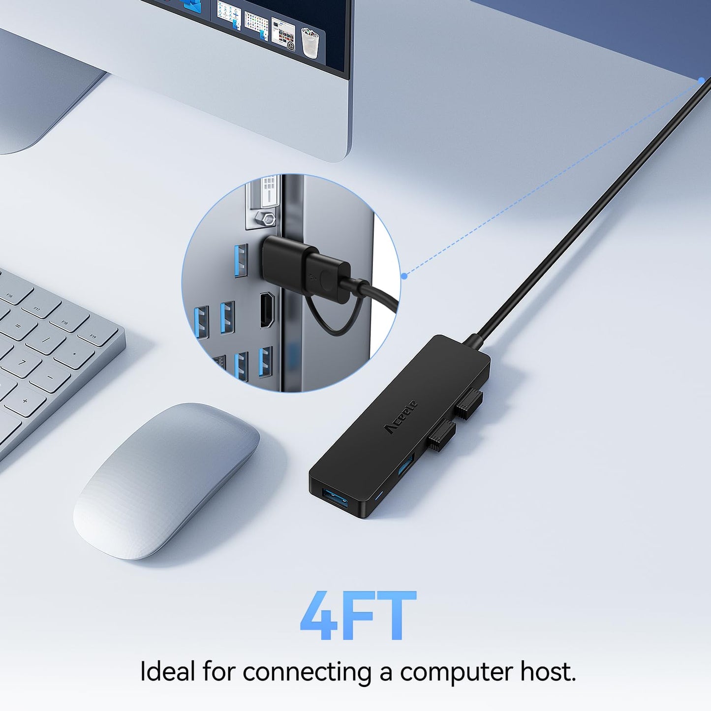 Aceele USB Hub 3.0 with 4ft Long USB Extension Cable, Splitter 4 Port with 5Gbps Data Transfer, Extender for Laptop, Desktop PC, MacBook