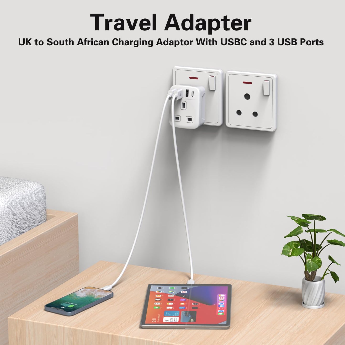 Amoi UK to South Africa Plug Adapter,Grounded Type M South Africa Plug Adapter, with 4 USB Ports 17W USB C Fast Travel Charger, Africa,Namibia, Swaziland, Lesotho, Bhutan,Botswana(Type M)